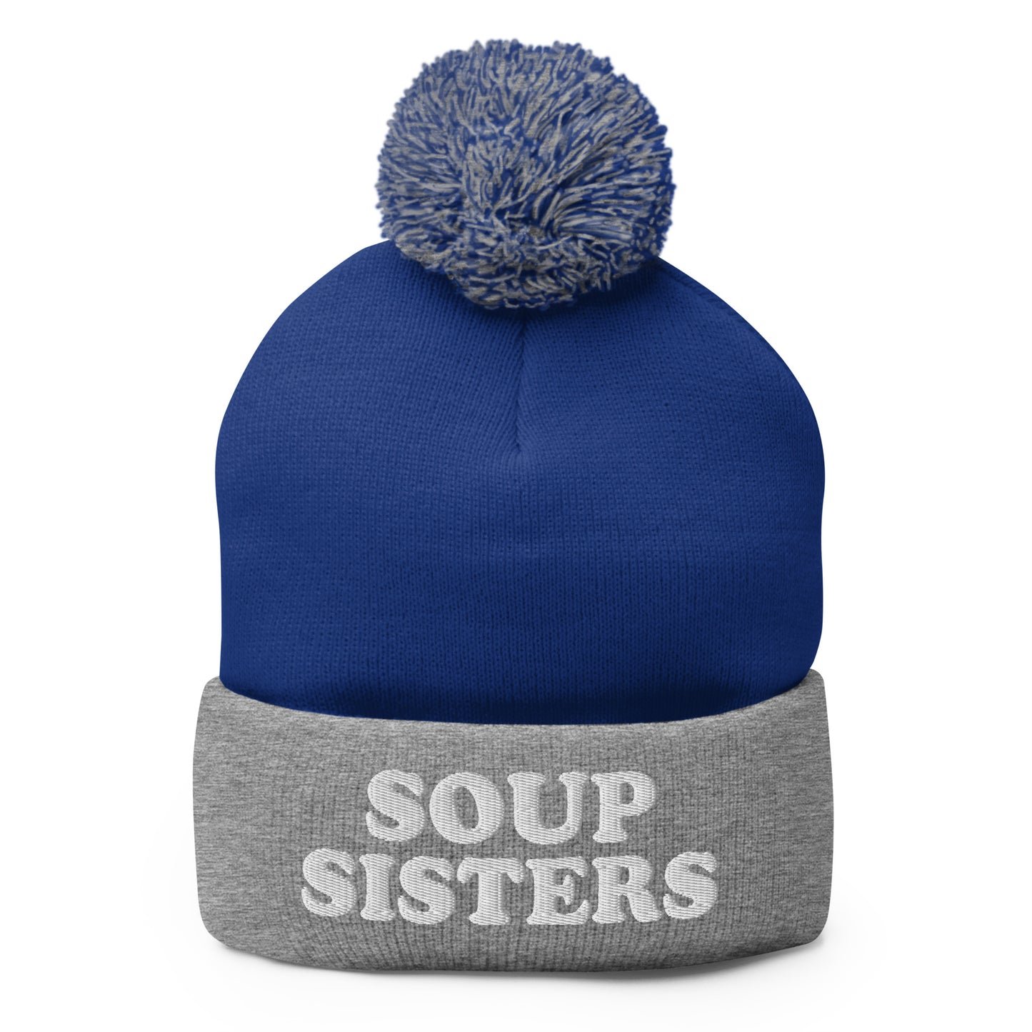 Royal Blue and gray Soup Sisters Beanie - Are you a soup enthusiast? Looking for the perfect gift for a group of soup loving sisters? Our Soup Sisters Pom Pom Beanie is warm, comfortable and made just for you. It's a funny beanie for soup lovers, sisters and foodies of all kinds.