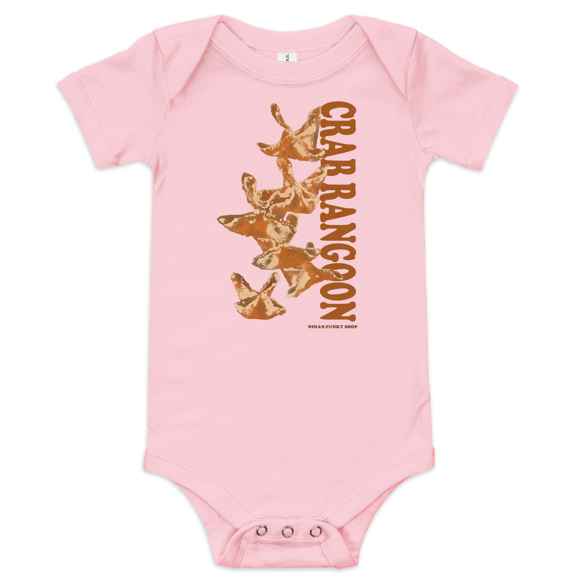 Pink  Crab Rangoon Funny Baby Onesie - Love Crab Rangoon? This cute Crab Rangoon onesie is just what you need. Dress your baby in our 100% cotton Crab Rangoon one piece. It has three snap leg closure for easy changing, a comfortable envelope neckline, and a unique Rangoon design, expertly printed on the front. Designed by Nina and made just for you!