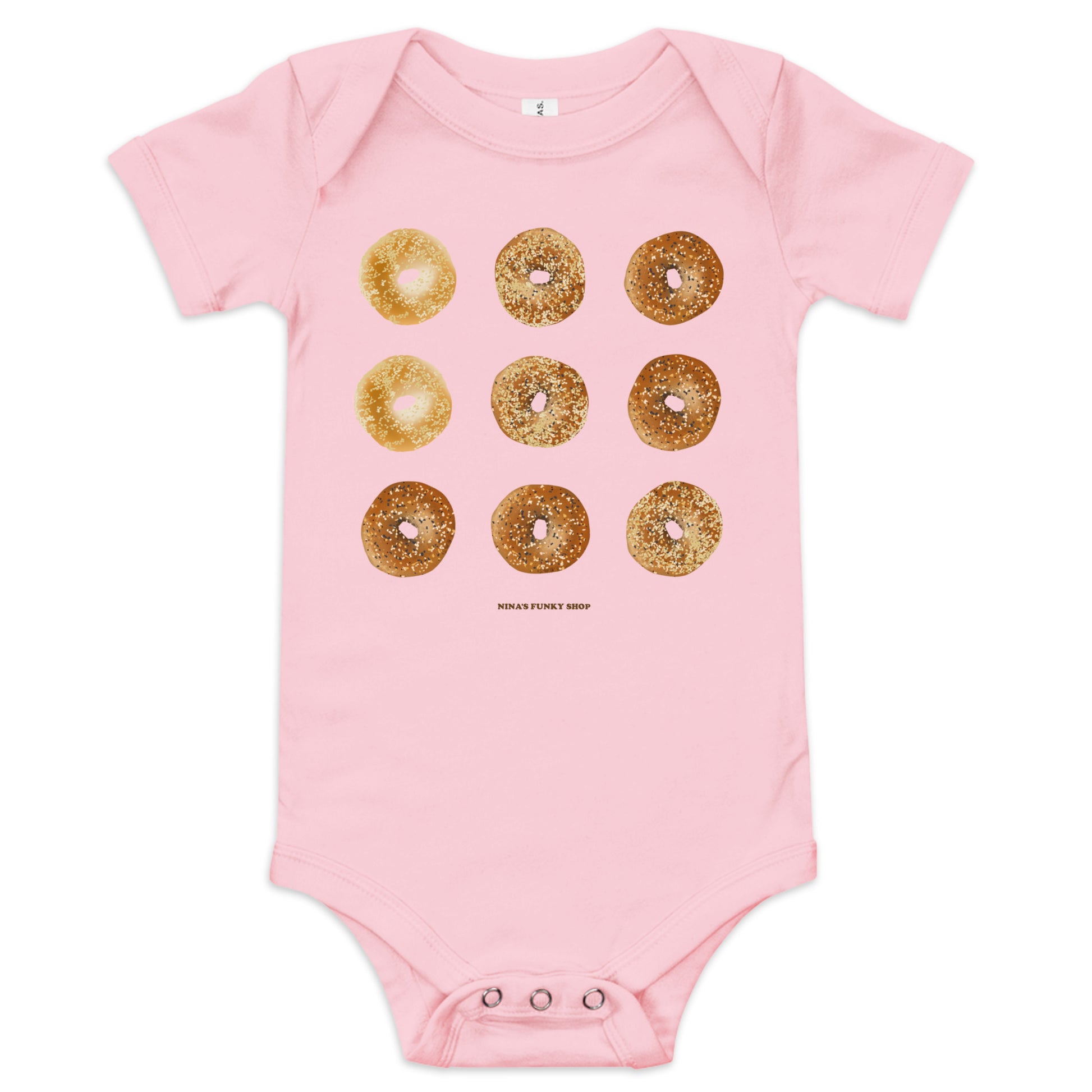 Pink Bagel Onesie for Babies with funny design - Love bagels? Dress your baby in our 100% cotton bagel baby onesie. It has three snap leg closure for easy changing, a comfortable envelope neckline, and a unique bagel design, expertly printed on the front. Designed by Nina and made just for you!