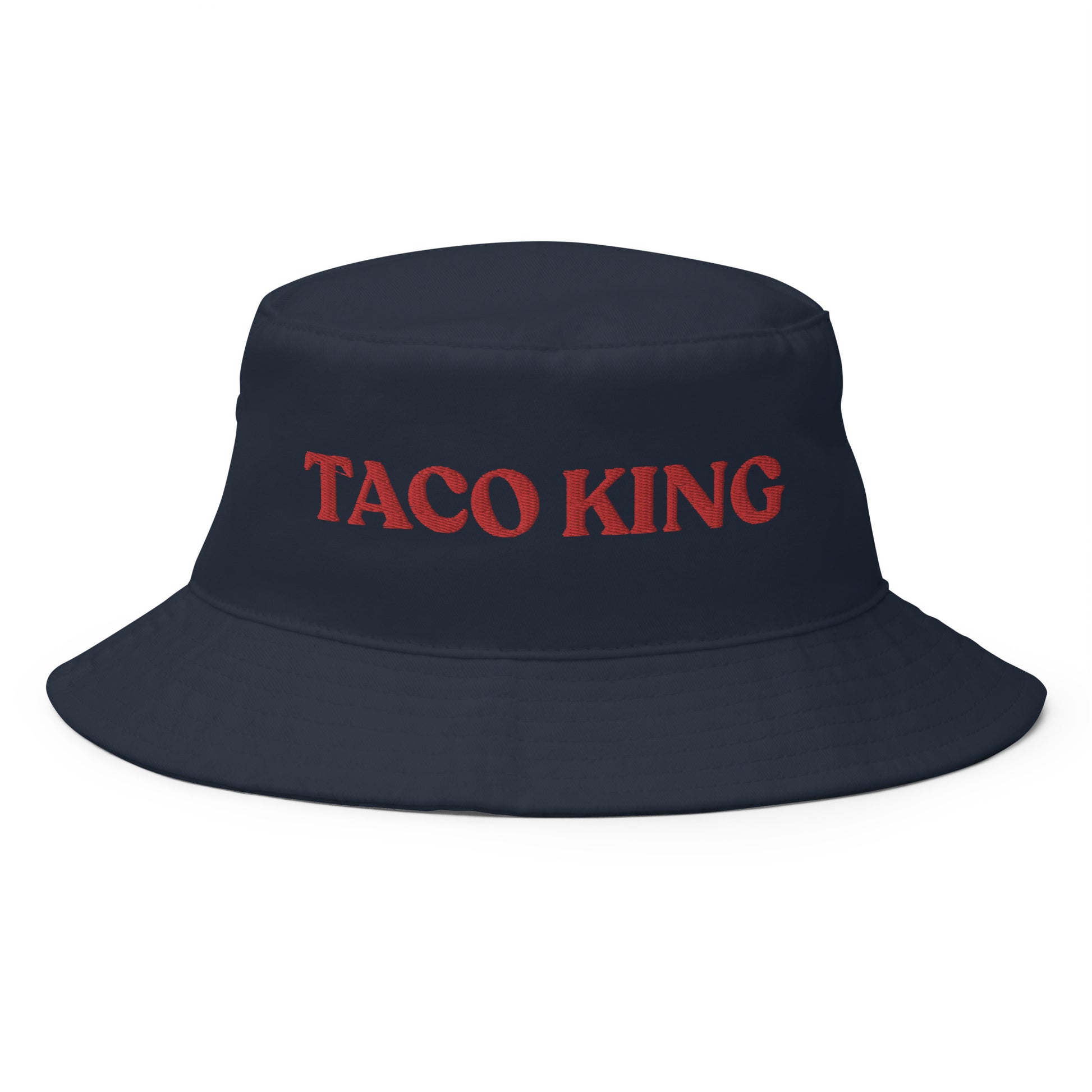 Navy and Red Taco King Bucket Hat - Our Taco King Bucket Hat is comfortable and made of 100% cotton. It's a funny food hat that's sure to turn heads and have people asking you where to get the best tacos. Eat your favorite foods in this taco hat or give it as a gift for a taco lover. Celebrate your favorite foods in our funky foodie clothing and accessories.