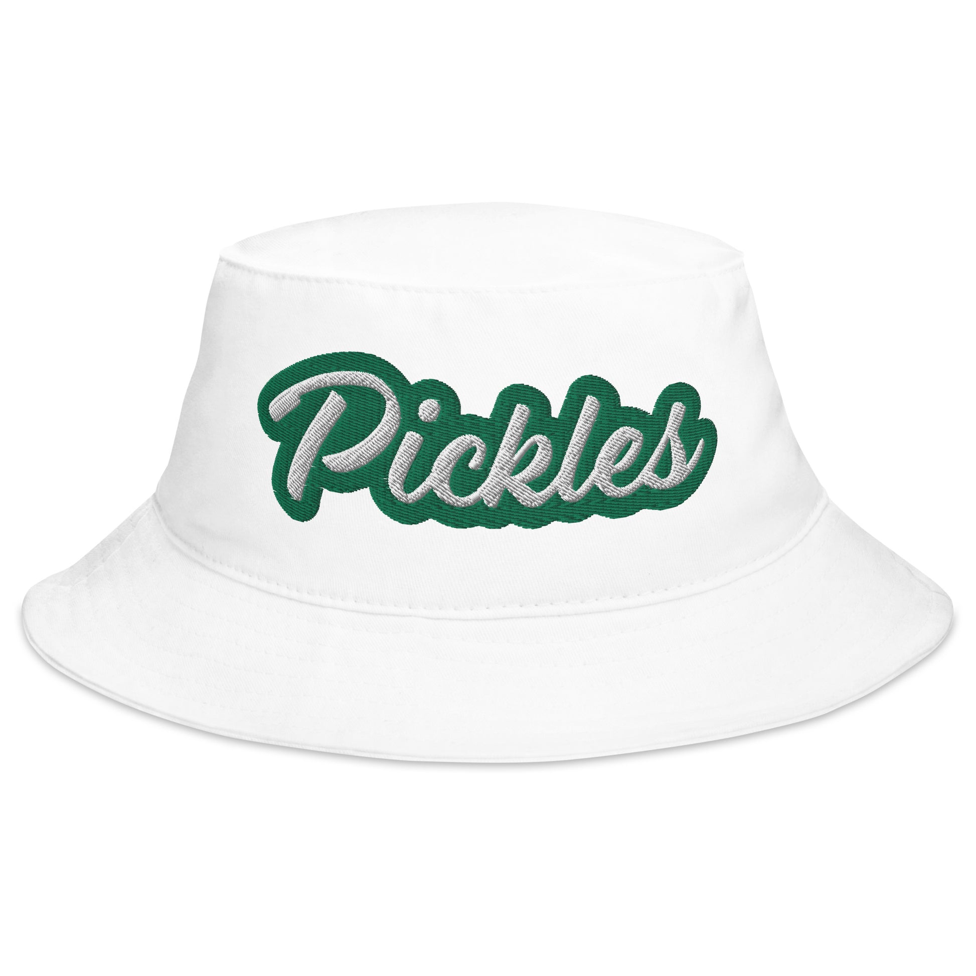 White bucket hat with green embroidery - A pickle bucket hat for everyday. Make a statement and eat your favorite pickles in style in this funny foodie pickles bucket hat. It's unique, funny and embroidered just for you and the pickle lovers in your life. This pickle lover hat is a mix of weird and trendy foodie style that's only available at Nina's Funky Shop.