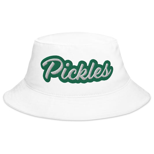 White bucket hat with green embroidery - A pickle bucket hat for everyday. Make a statement and eat your favorite pickles in style in this funny foodie pickles bucket hat. It's unique, funny and embroidered just for you and the pickle lovers in your life. This pickle lover hat is a mix of weird and trendy foodie style that's only available at Nina's Funky Shop.