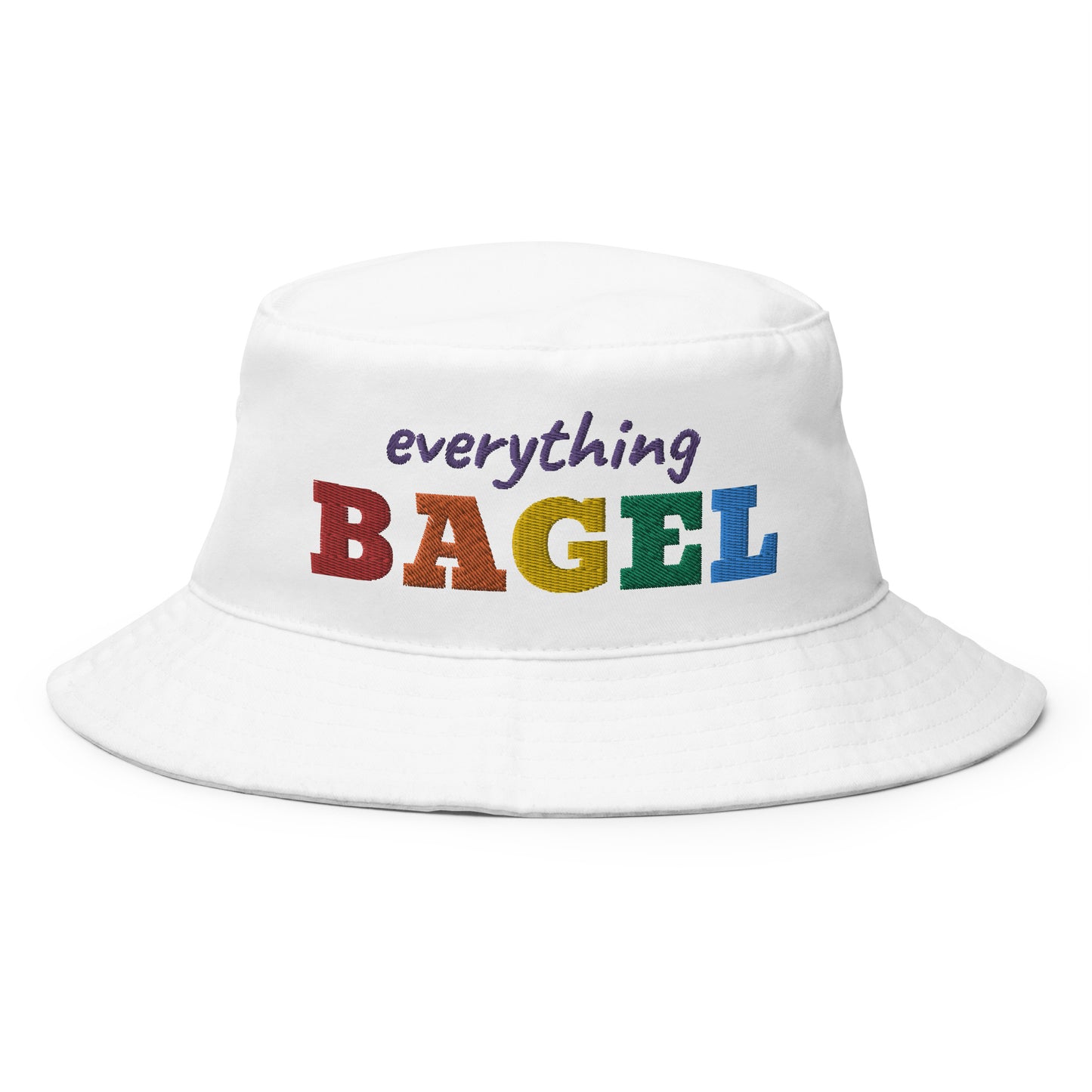 White Everything Bagel Hat for Pride - Our Everything Bagel Pride Bucket Hat is just what you need for beach adventures, grocery shopping, and everyday streetwear. It's made of comfortable cotton with an embroidered rainbow design. This funny pride hat is sure to have people asking, "Where'd you get that hat?"
