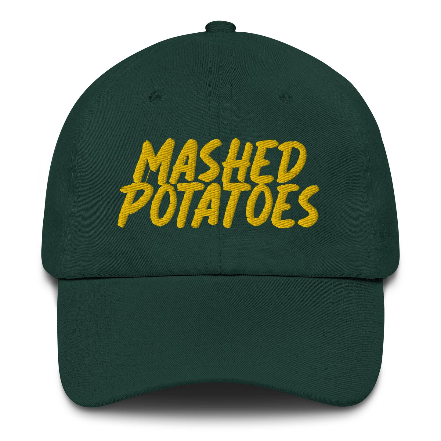 Green Mashed Potatoes Hat - Love mashed potatoes? Our Mashed Potato Hat is comfortable, adjustable and comes in a variety of colors with "Mashed Potatoes", expertly embroidered just for you. Looking for something personalized? Shoot us a message!