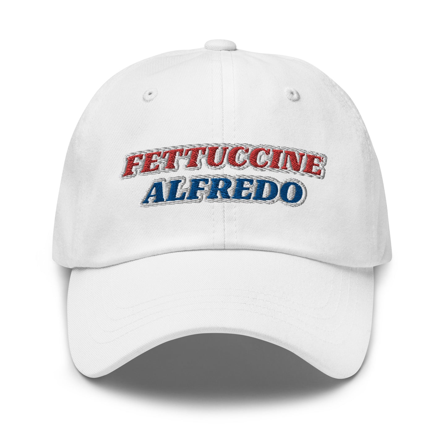 White Fettuccine Alfredo Hat - Make a statement in our red, white and blue Fettuccine Alfredo hat. It's a classic dad hat with a red, white, and blue design, expertly embroidered on the front. Perfect for everyday streetwear or a funny fourth of July hat, it's comfortable and made just for you.