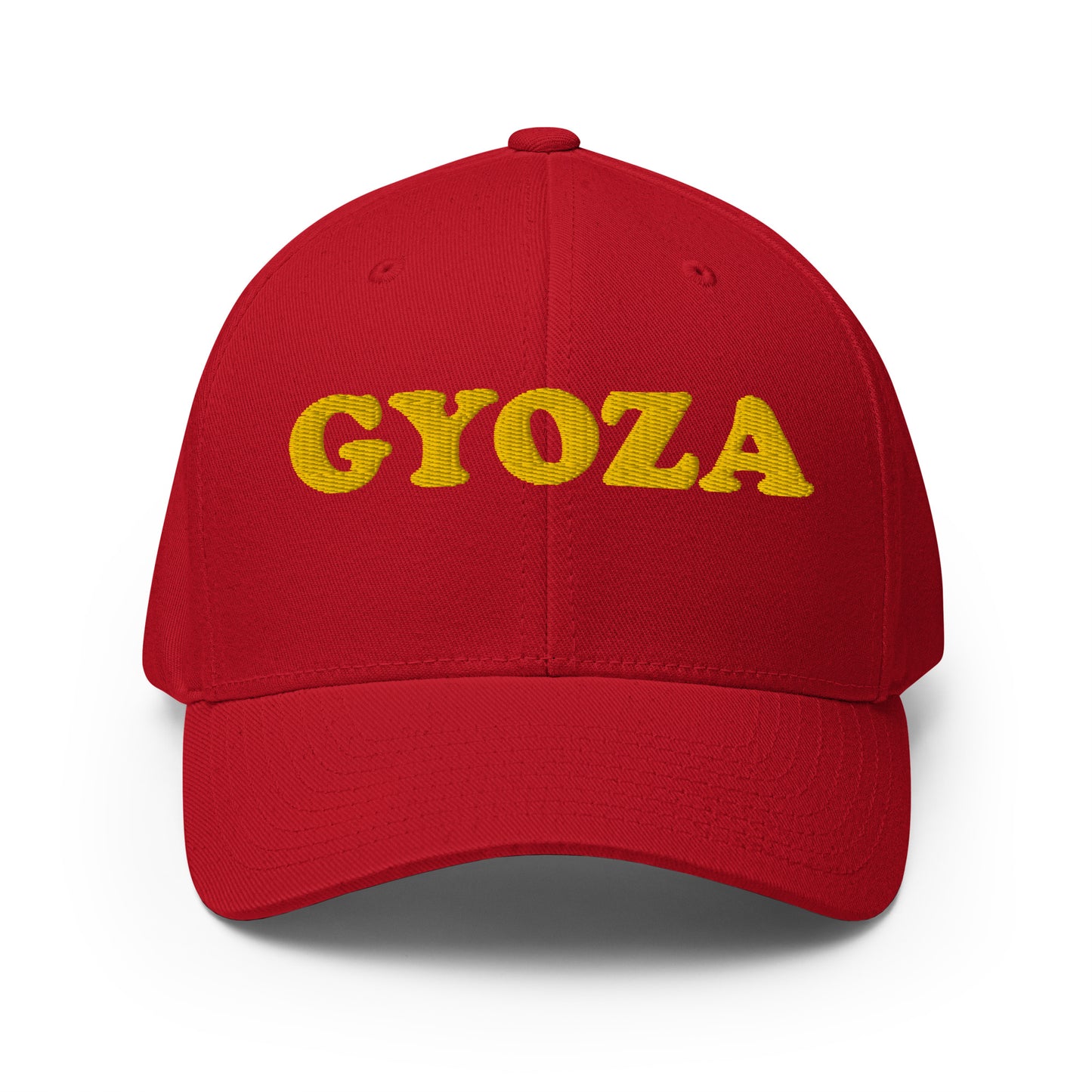 Red and yellow embroidered gyoza hat - This gyoza hat is available in two sizes, many colors and has an elastic stretch band. It's comfortable, unique and a perfect funny food hat for gyoza enthusiasts and foodies of all kinds! This gyoza lover hat has a classic baseball cap style with a curved visor and is made just for you. Eat gyoza in style and wear it as everyday streetwear or give it to your favorite gyoza aficionado.
