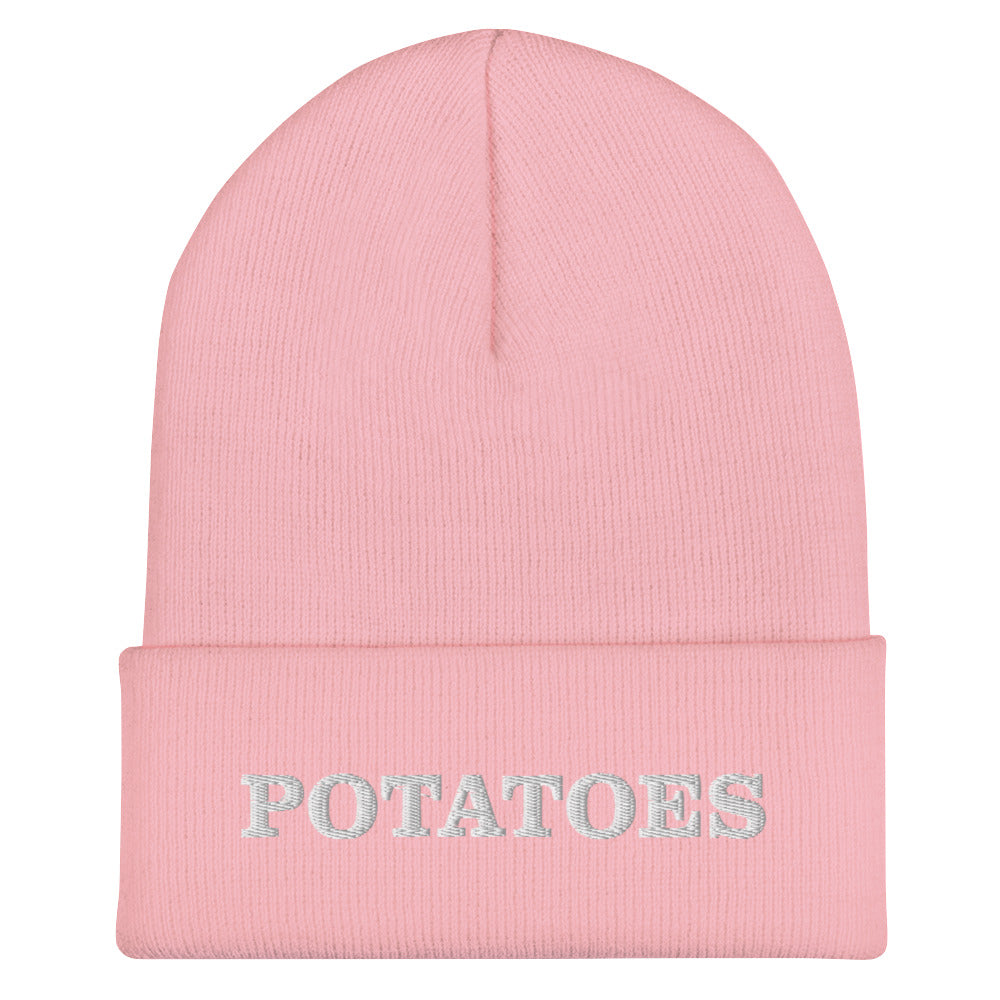 Light Pink Potatoes Beanie from Nina's Funky Shop by ninanush - Love potatoes? Looking for a funny foodie gift? Our Potato Beanie is warm, cozy and the perfect cold weather hat for potato enthusiasts. It comes in a variety of colors, expertly embroidered with "potatoes" across the front. Celebrate your favorite foods in our funky foodie apparel, designed by Nina and made just for you!
