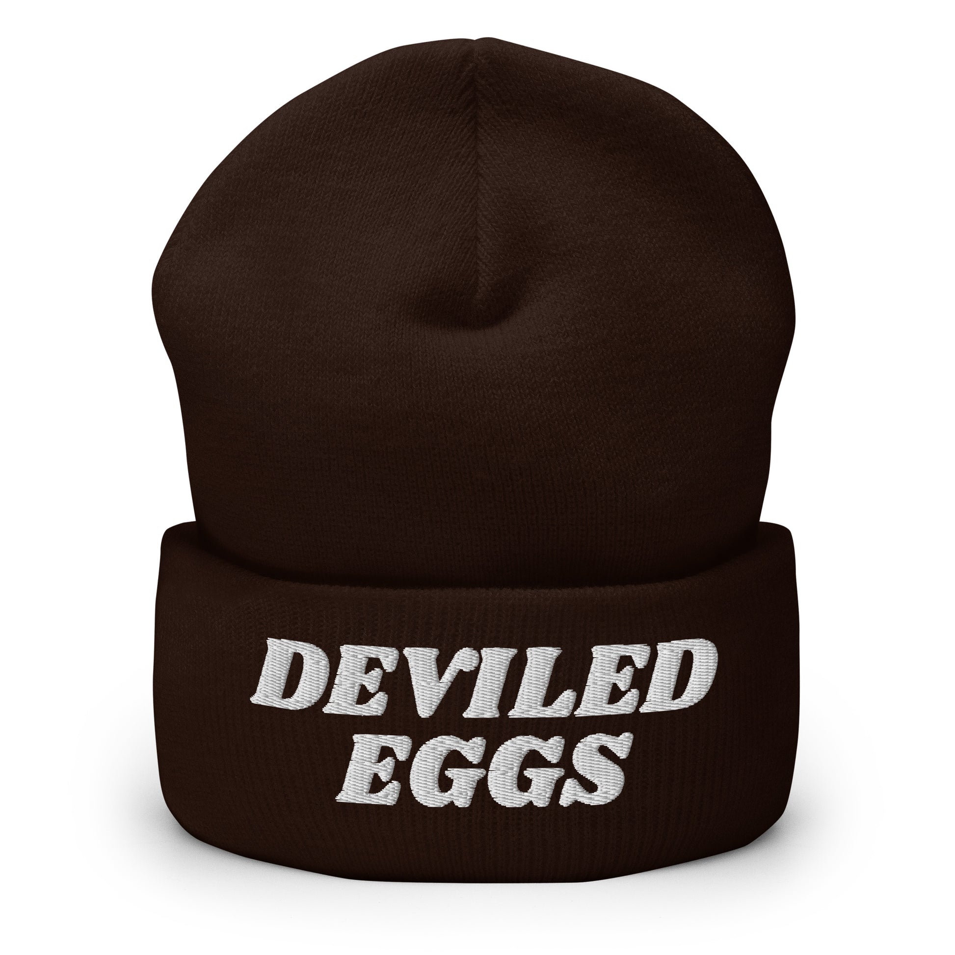 Brown Deviled Eggs Beanie - Our Deviled Eggs Beanie is warm, cozy and embroidered just for you! It's a funny beanie for deviled egg enthusiasts that comes in a variety of colors and embroidered just for you. A funny beanie for everyday streetwear or a gift for a foodie.