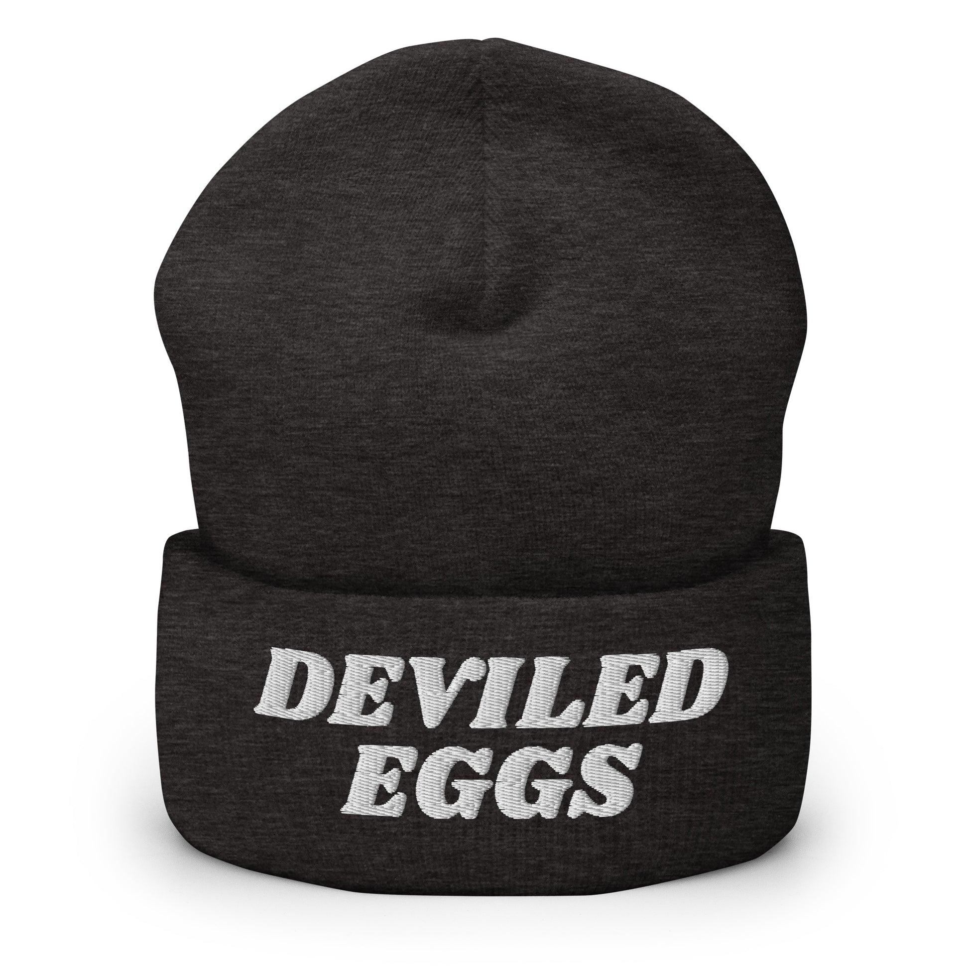 Dark Gray Deviled Eggs Beanie - Our Deviled Eggs Beanie is warm, cozy and embroidered just for you! It's a funny beanie for deviled egg enthusiasts that comes in a variety of colors and embroidered just for you. A funny beanie for everyday streetwear or a gift for a foodie.