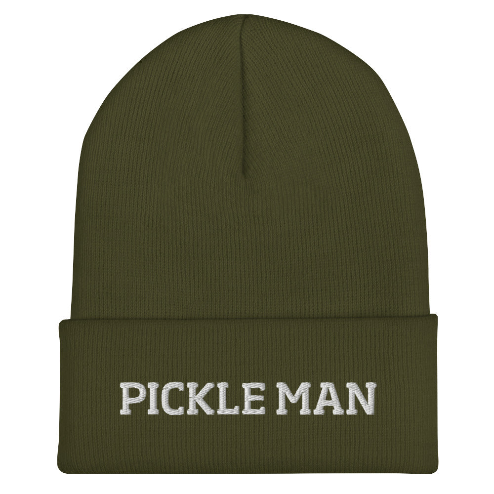 Army green pickle man beanie from Nina's Funky Shop by ninanush - This pickle man hat is warm, cozy and the perfect pickle enthusiast hat for pickle lovers of all kinds. Show off in this funny foodie beanie. It comes in a variety of bold colors, each expertly embroidered with the words "Pickle Man". It's a statement hat for pickle lovers, designed by Nina and made just for you!