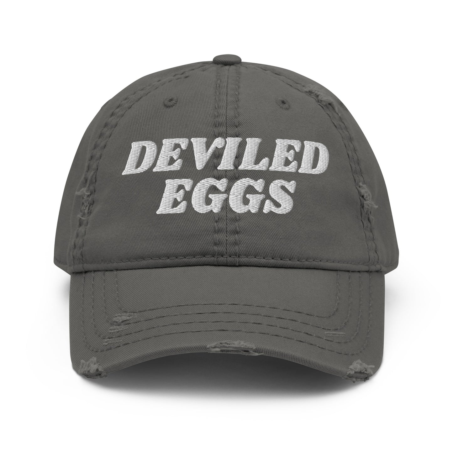 Gray Deviled Eggs Hat - Crazy about deviled eggs? Looking for a gift for a deviled egg enthusiast? Our Deviled Eggs Hat is comfortable, adjustable and made just for you. It's a funny dad hat, expertly embroidered and perfect for everyday streetwear.