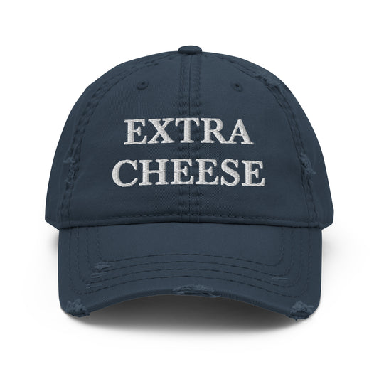 Navy Extra Cheese Dad Hat from Nina's Funky Shop by ninanush - Do you love cheese? Looking for a funny gift for a friend? This Extra Cheese Dad Hat is just what you need. It's comfortable with a stylish distressed fabric, expertly embroidered with the words "Extra Cheese." Stand out and add a little personality to your everyday style in this funny dad hat for cheese enthusiasts.