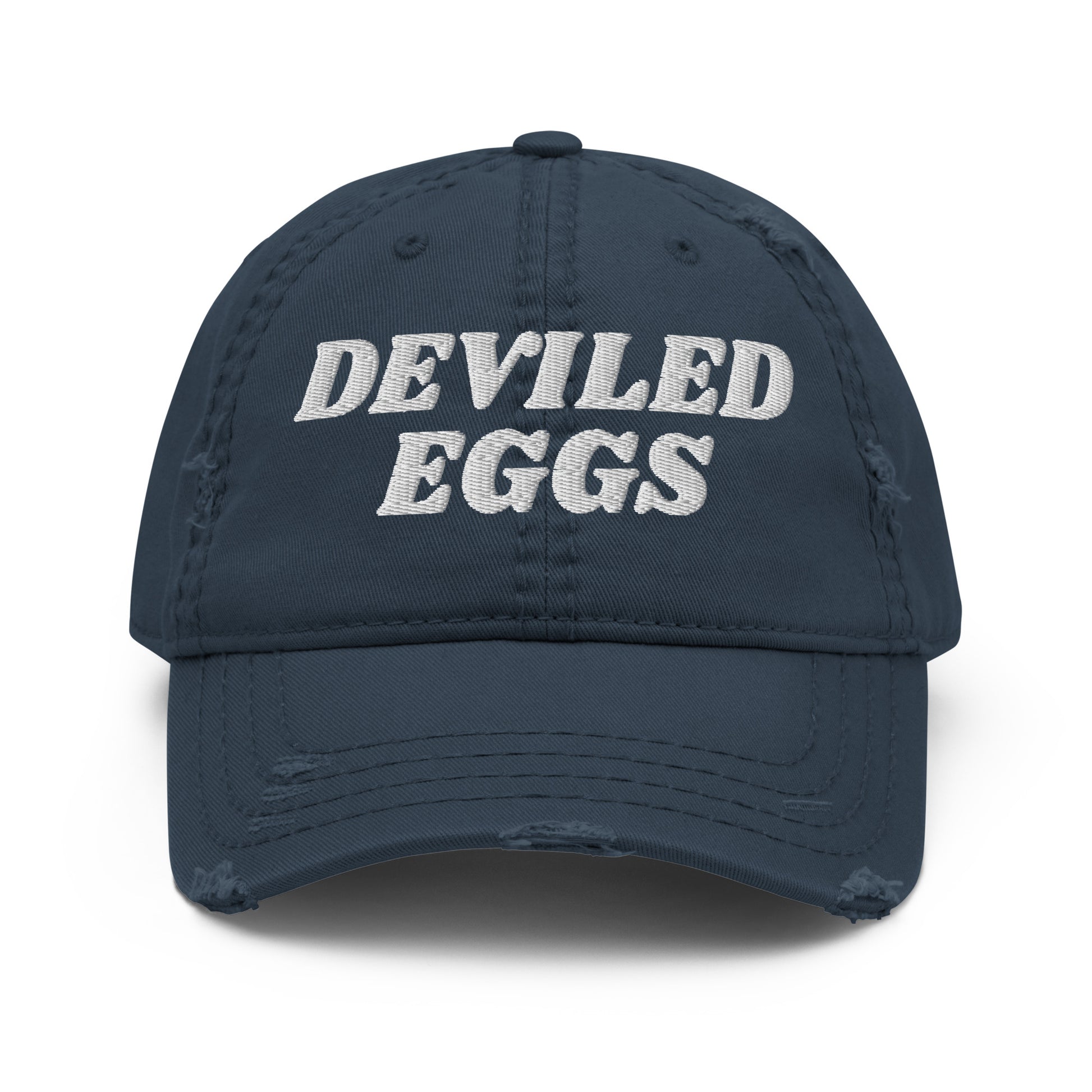 Navy Blue Deviled Eggs Hat - Crazy about deviled eggs? Looking for a gift for a deviled egg enthusiast? Our Deviled Eggs Hat is comfortable, adjustable and made just for you. It's a funny dad hat, expertly embroidered and perfect for everyday streetwear.
