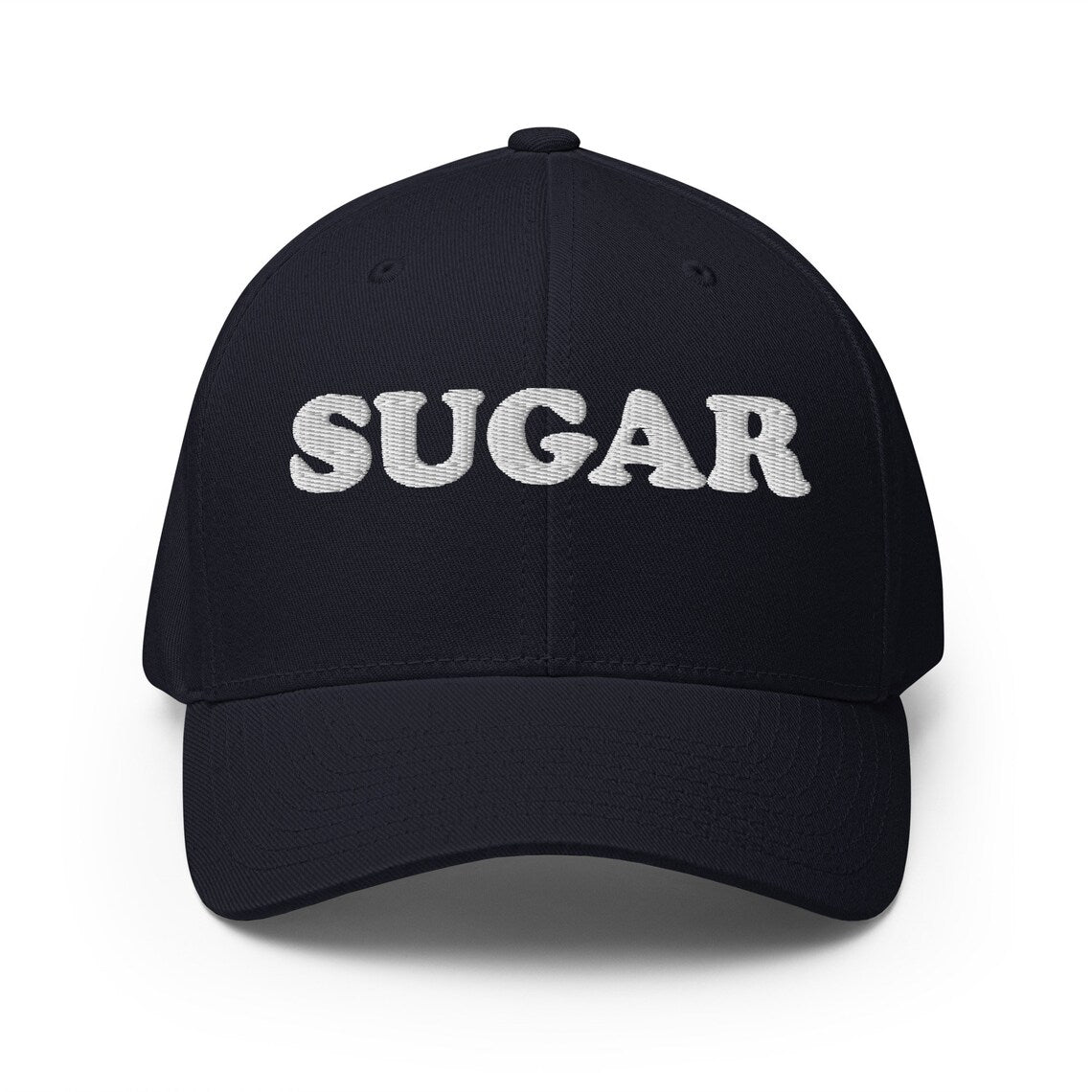 Navy sugar hat - An embroidered comfortable fitted hat for sweet tooth's and sugar addicts. Eat your favorite deserts in style in this funny food hat. It's a unique sugar lover hat that stands out and shows your love of deserts and all things sweet. If you love sugar this hat is for you, or give it as a gift for a sugar enthusiast.