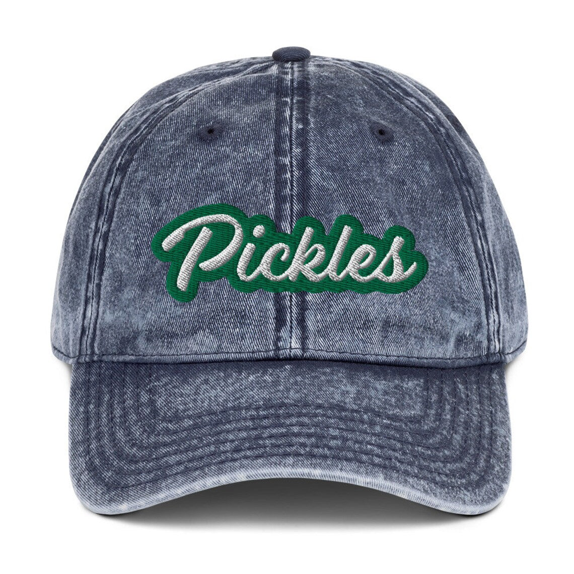 Blue pickles dad hat - The Pickles Dad Hat! A comfortable and unique dad hat for pickle lovers. This vintage-style hat is the perfect statement hat for pickle enthusiasts. If you're a pickle lover or a fan of funny food hats, this weird dad hat is not only is it a stylish choice for everyday wear, but an excellent gift for pickle lovers.