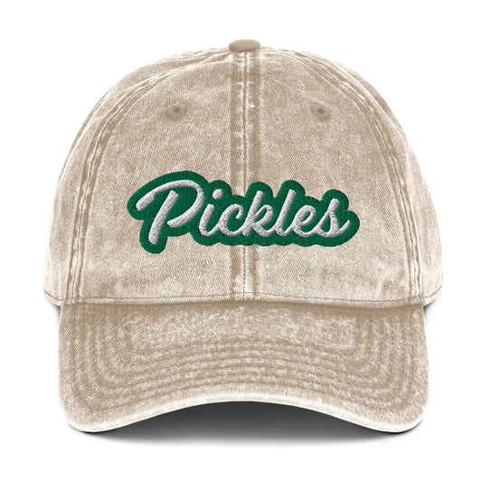 Tan washed out dad hat for pickle lovers - The Pickles Dad Hat! A comfortable and unique dad hat for pickle lovers. This vintage-style hat is the perfect statement hat for pickle enthusiasts. If you're a pickle lover or a fan of funny food hats, this weird dad hat is not only is it a stylish choice for everyday wear, but an excellent gift for pickle lovers.