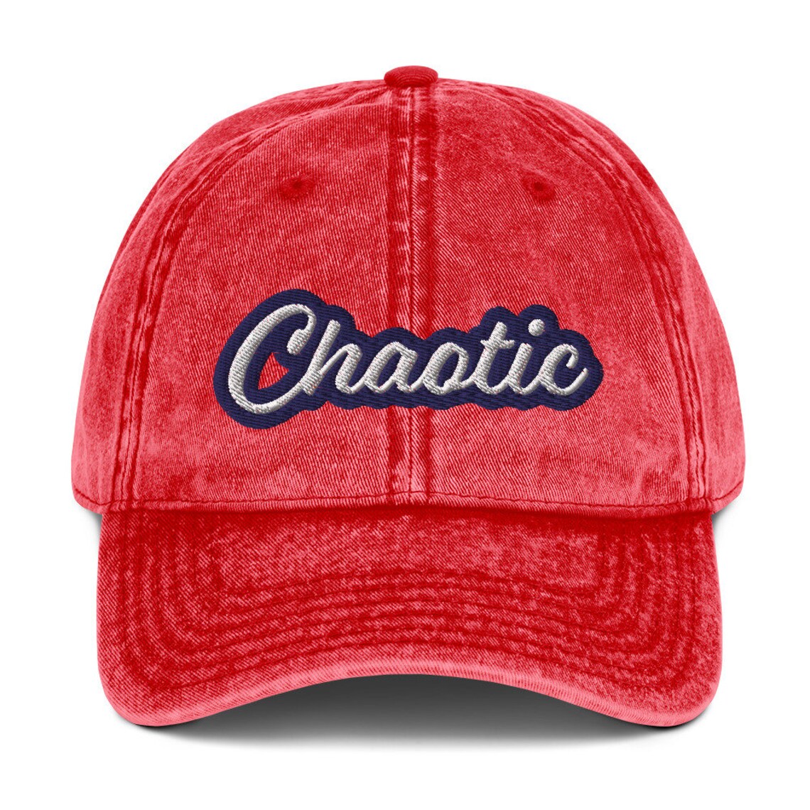 Unique red dad hat - This unique dad hat is the ultimate accessory for those who embrace the chaos! It's a funny dad hat with a washed out denim vintage style look and a unique embroidery. Wear it as an fashionable everyday hat or give it as a gift for wild friends. Add a little personality to your look with our funny clothing and accessories.