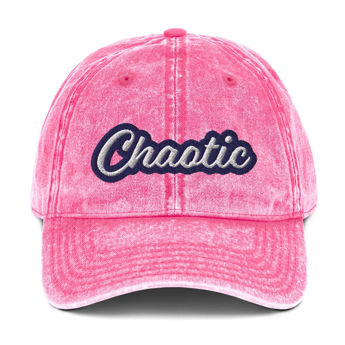 Pink Wild child dad hat for chaos lovers - This unique dad hat is the ultimate accessory for those who embrace the chaos! It's a funny dad hat with a washed out denim vintage style look and a unique embroidery. Wear it as an fashionable everyday hat or give it as a gift for wild friends. Add a little personality to your look with our funny clothing and accessories.