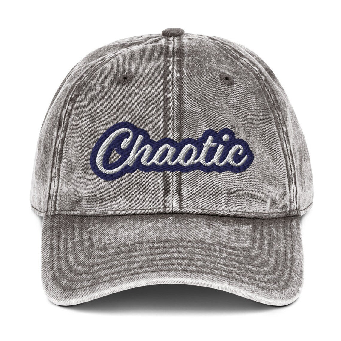 Say wild in this gray chaotic dad hat - This unique dad hat is the ultimate accessory for those who embrace the chaos! It's a funny dad hat with a washed out denim vintage style look and a unique embroidery. Wear it as an fashionable everyday hat or give it as a gift for wild friends. Add a little personality to your look with our funny clothing and accessories.