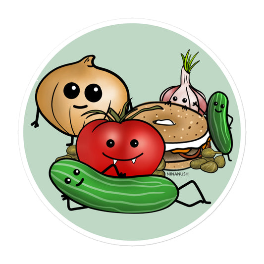 Happy veggies and bagel sticker from Nina's Funky Shop by ninanush - The Bagel and Friends Vinyl Sticker! Designed for veggie lovers and bagel enthusiasts, this cute veggie sticker has an everything bagel and friends. It's an original hand drawn design by Nina. This cute and colorful sticker is the perfect addition to your sticker collection or gift for a bagel lover.