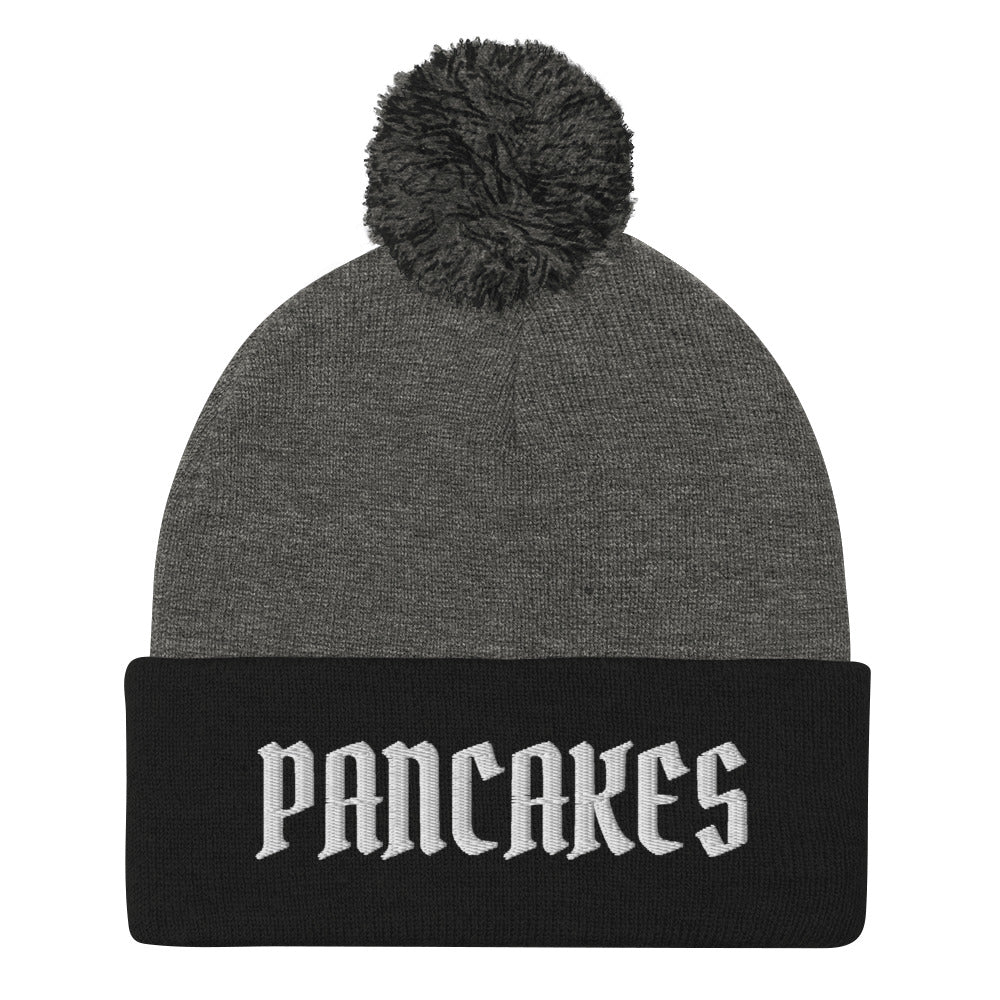 Black and gray pancakes beanie - Are you a pancake enthusiast? Celebrate your favorite food in our funny beanies for foodies and beyond. Our Pancake Beanie is comfortable, comes in a variety of colors and is made just for you! Looking for something personalized? A different embroidery color? Shoot us an email or check out our customizable apparel!