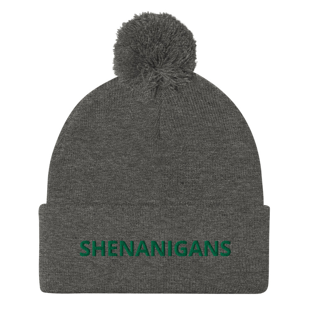 Dark Gray Shenanigans Beanie - A warm and cozy pom pom beanie with "shenanigans", expertly embroidered accross the front. Looking for something personalized? A different embroidery color? Shoot us an email or check out our customizable apparel!