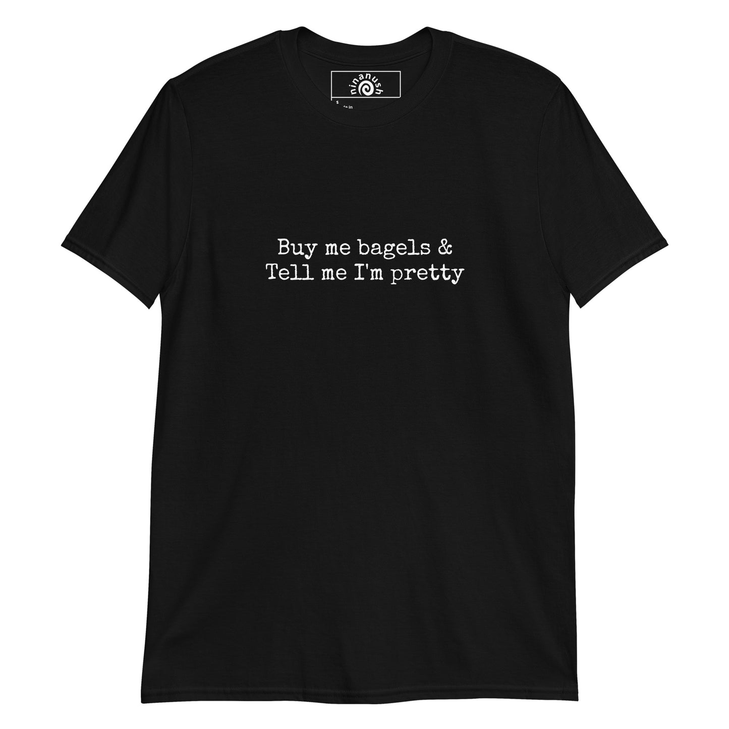 Black buy me bagels and tell me I'm pretty t-shirt from Nina's Funky Shop by ninanush - Buy me bagels & Tell me I'm pretty This bagel enthusiast T-Shirt is soft, comfortable and made just for you. Eat your favorite bagels in our funny bagel tee. Perfect for bagel lovers and foodies of all kinds. Celebrate your favorite food and drinks in our funky foodie apparel, designed by Nina.