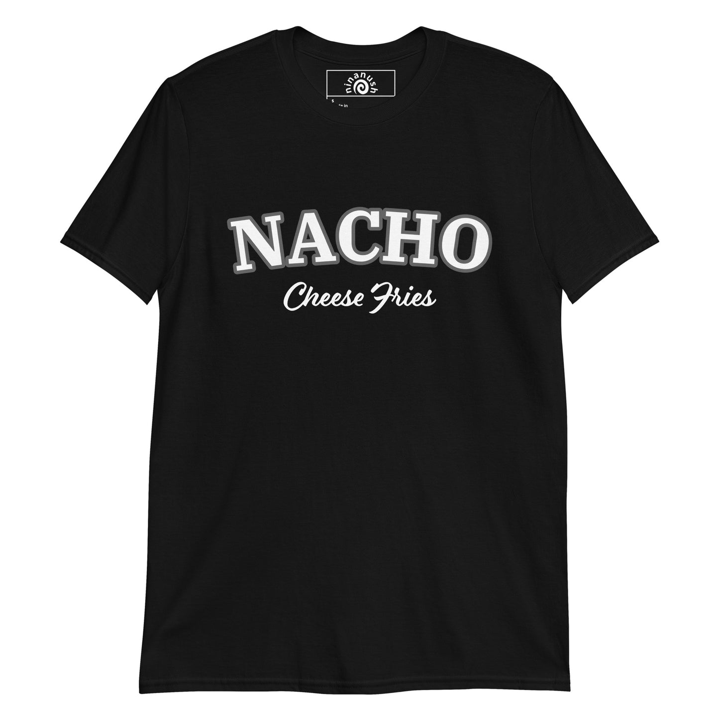 Black Nacho Cheese Fries T-shirt from Nina's Funky Shop by ninanush - Do you love Nacho Cheese Fries? Need funny foodie gift? This Nacho Cheese Fries Shirt is just for you! It's soft, made of cotton and has a varsity t-shirt design, expertly printed on the front. This nacho cheese enthusiast tee comes in black and navy and makes the perfect foodie shirt for French Fry lovers of all kinds.