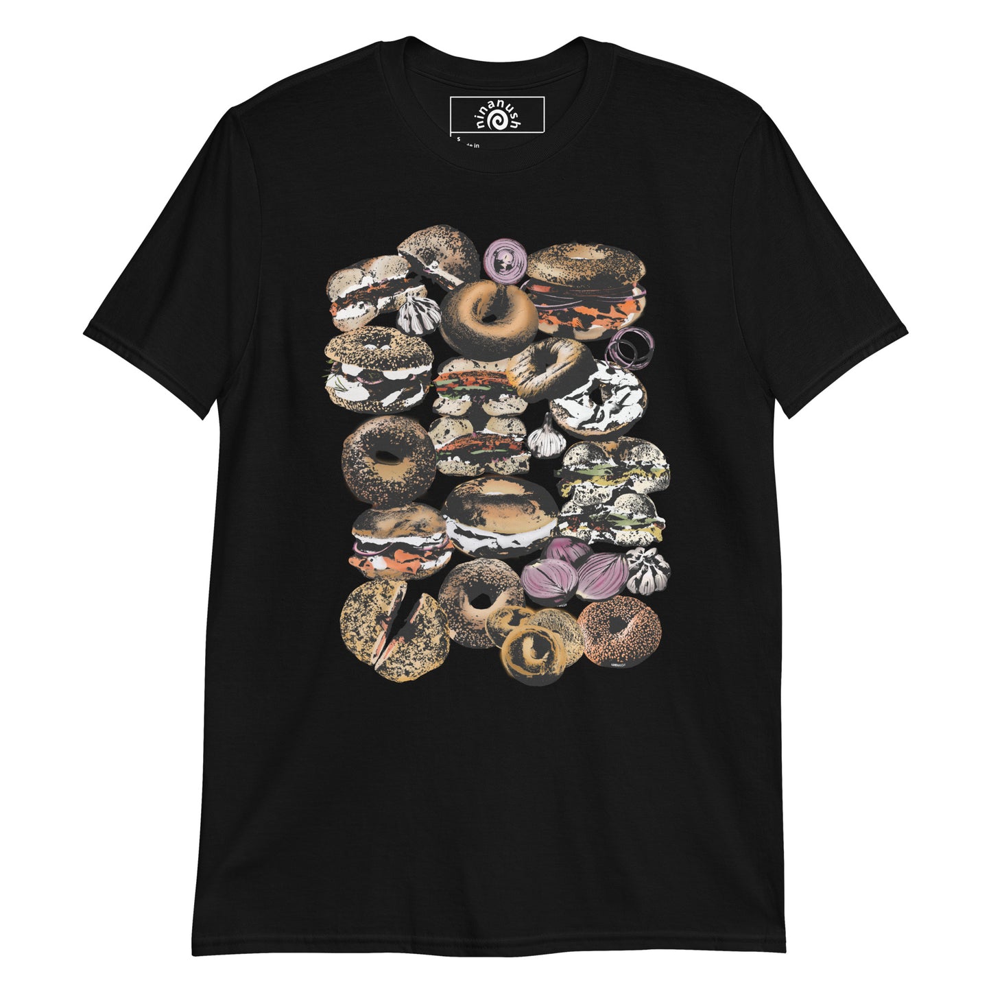 Funky Black Bagel T-shirt from Nina's Funky Shop by ninanush - Are you a bagel enthusiast? Looking for a bagel lover gift? This funky and colorful bagel shirt features bagels, garlic and onions together in the ultimate bagel lover shirt design. Stand out and eat bagels in this funky everything bagel shirt. It's a funny foodie t-shirt for bagel addicts and foodies of all kinds.