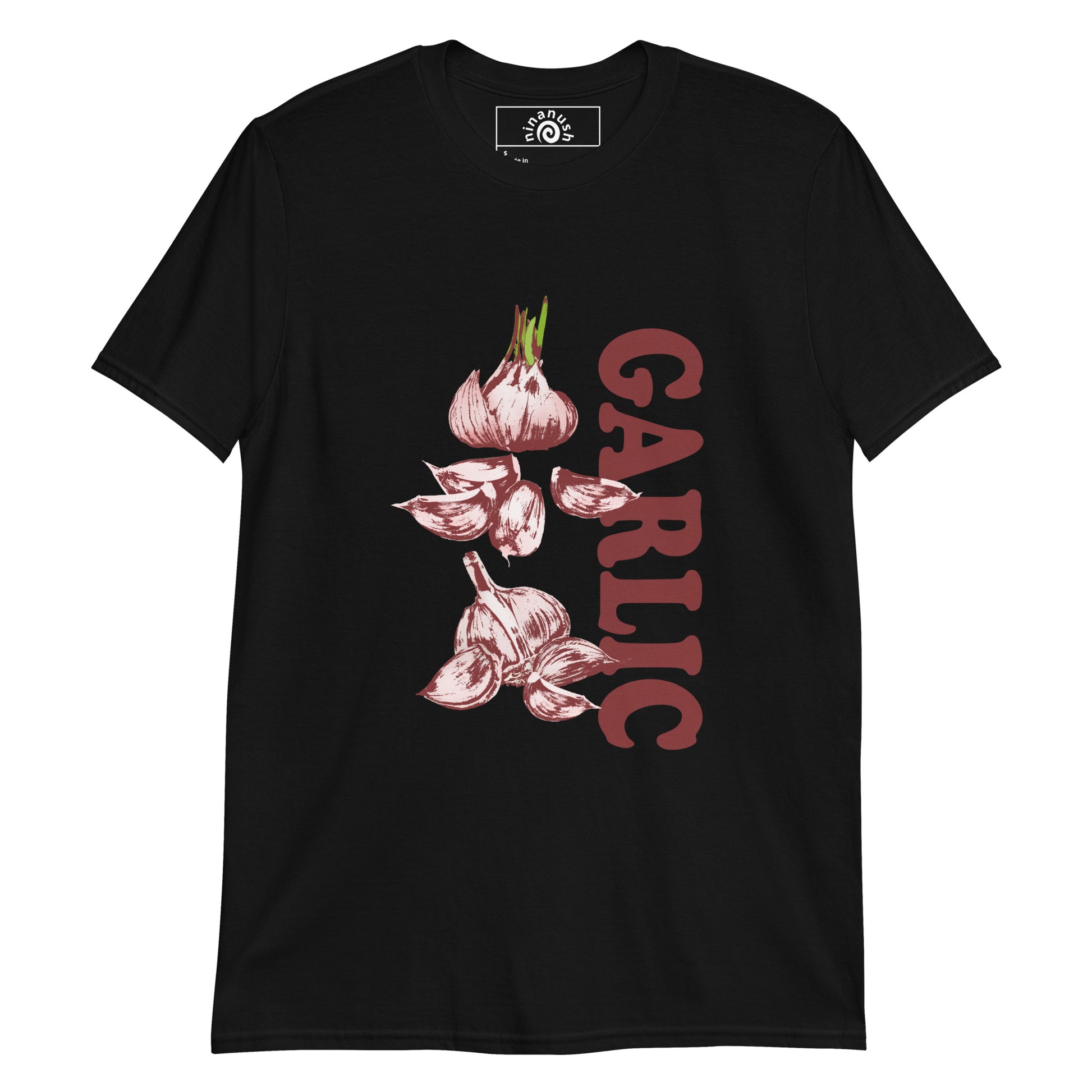 Black Garlic T-shirt from Nina's funky Shop by ninanush - Do you love garlic? Looking for a fun foodie gift? Our funky Garlic T-shirt is just what you need. It's a soft and comfortable garlic graphic tee with a unique garlic design, expertly printed on the front. Stand out in this garlic lover t-shirt. It's the perfect funny foodie t-shirt for garlic enthusiasts and foodies of all kinds.