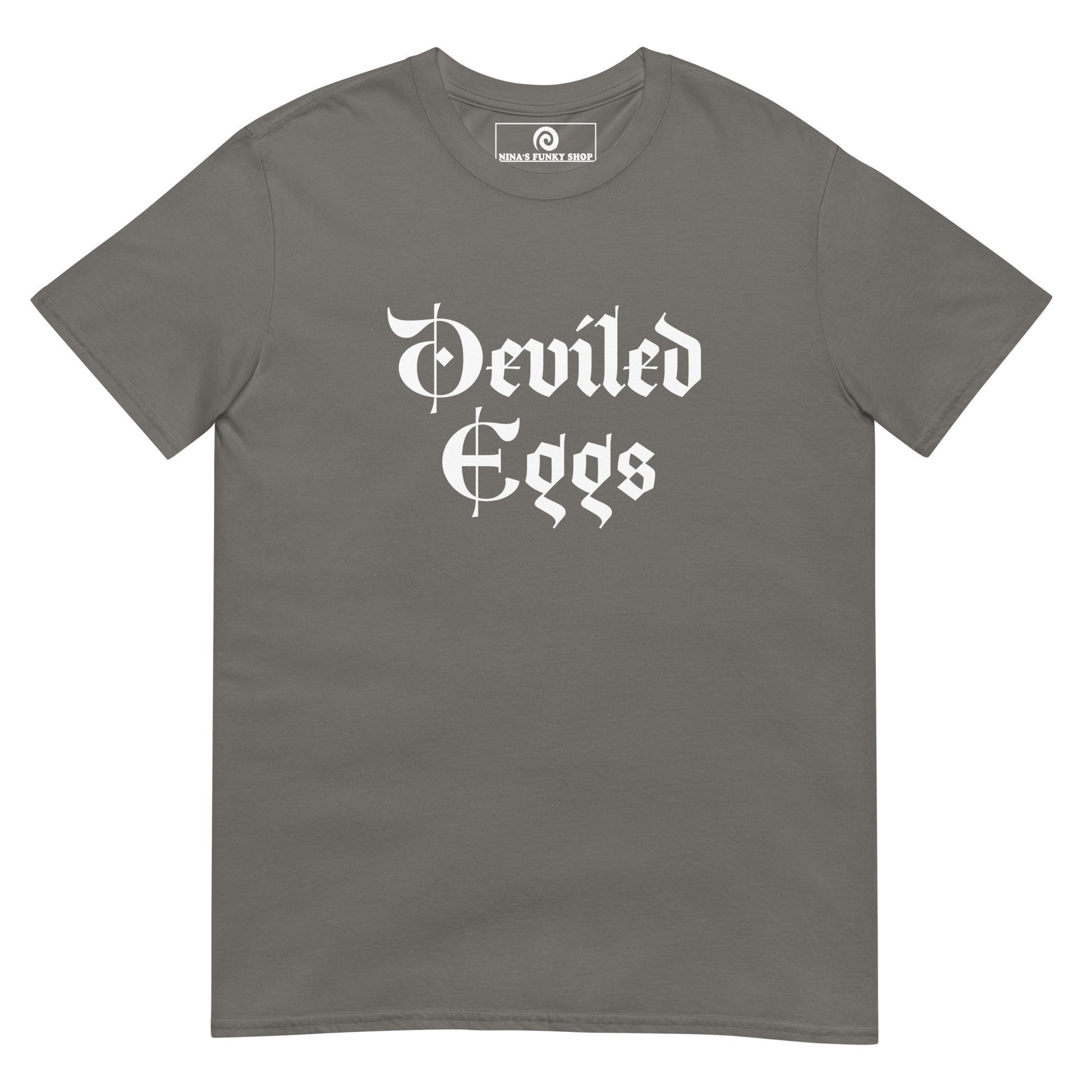 Gray Deviled Eggs T-Shirt - Big fan of Deviled Eggs? Looking for a gift for a foodie? Our Deviled Eggs T-Shirt is soft, comfortable and made just for you. It's a funny t-shirt that comes in a variety of colors with "deviled eggs", expertly printed on the front.
