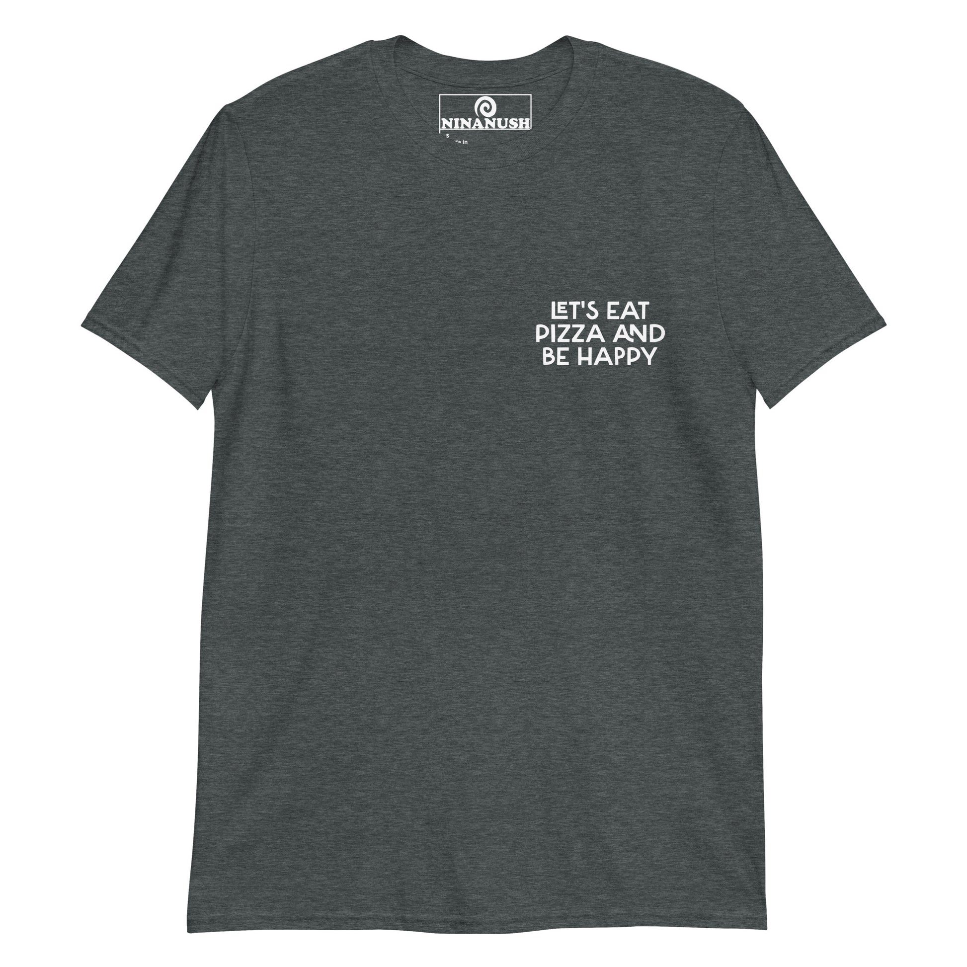 Heather gray  let's eat pizza and be happy saying t-shirt from Nina's Funky Shop by ninanush - This funky foodie t-shirt is the perfect shirt for pizza lovers. It's a classic cotton shirt that's soft and comfortable with the words "Let's eat pizza and be happy" expertly printed on the front. Add a little personality to your style in this pizza enthusiast tee shirt, or give it as a gift for a quirky tee aficionado.