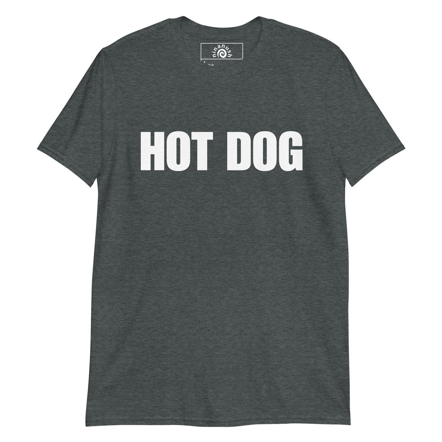 Gray Hot Dog T-shirt from Nina's Funky Shop by ninanush - Do you love hot dogs? Looking for a fun foodie gift? Our Hot Dog Shirt is just for you! It's a unisex, crew neck T-shirt that's soft and comfortable with "Hot Dog", expertly printed on the front. Stand out and eat your favorite foods in this funny foodie tee, it's designed by Nina and made just for you.