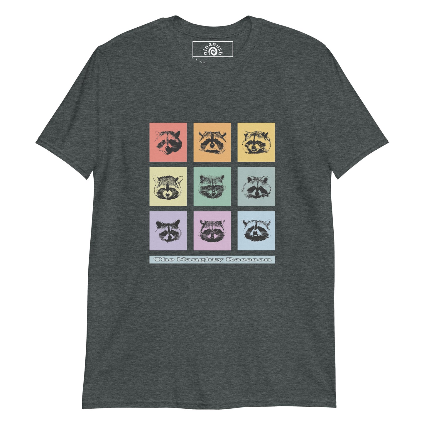 Dark Gray Colorful Naughty Raccoon T-shirt from Nina's Funky Shop by ninanush - Do you love raccoons? Looking for a funny raccoon gift? This colorful raccoon t-shirt is just what you need. It's a soft and comfortable cotton shirt with a unique raccoon design of nine naughty raccoons, expertly printed on the front. Stay weird and stand out in this funky raccoon lover shirt for quirky tee aficionados.