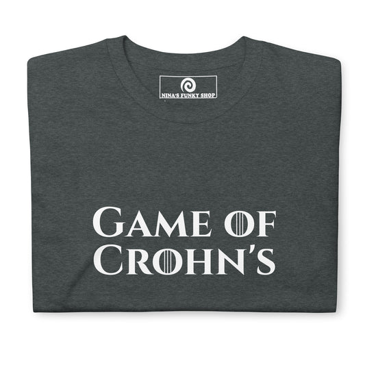 Gray Game Of Crohn's Shirt - Our Game Of Crohn's T-Shirt is soft and comfortable with a funny Crohn's design. A sarcastic shirt for those with IBD and a sense of humor. Wear this cotton tee as everyday streetwear or a give it a gift for a friend with Crohn's. Looking for something personalized? Shoot us an email!