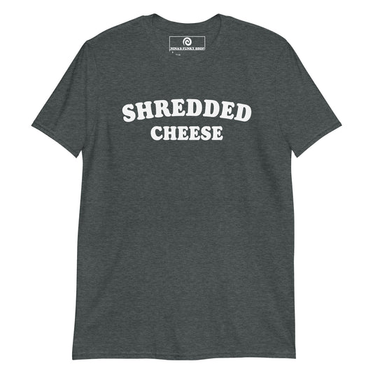 Dark Gray Shredded Cheese T-Shirt - Love shredded cheese? Looking for a gift for a cheese enthusiast? This funny foodie t-shirt is just what you need. It's a classic cotton varsity style tee with "shredded cheese", expertly printed on the front. Make a statement and eat your favorite shredded cheese from the bag.
