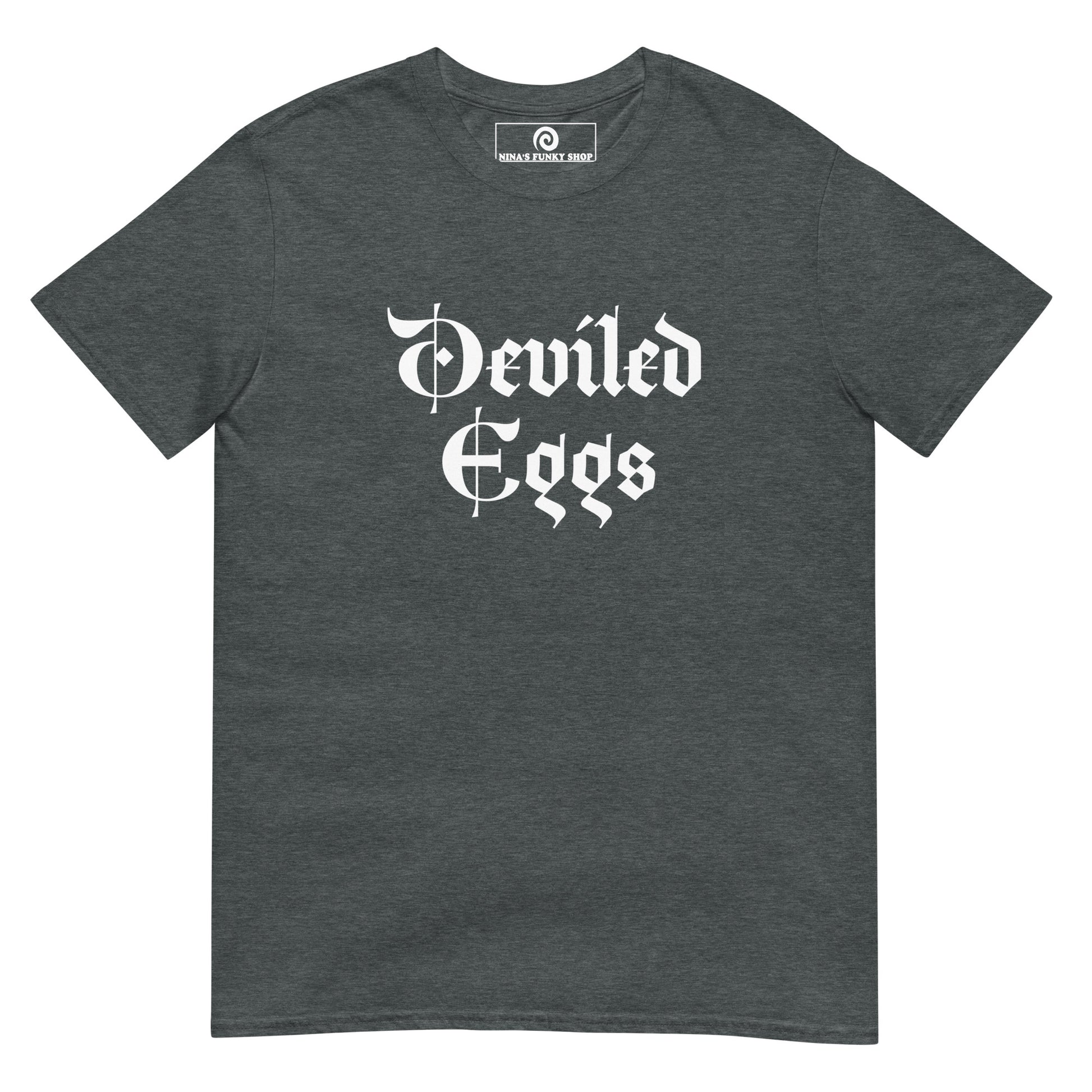 Gray Deviled Eggs T-Shirt - Big fan of Deviled Eggs? Looking for a gift for a foodie? Our Deviled Eggs T-Shirt is soft, comfortable and made just for you. It's a funny t-shirt that comes in a variety of colors with "deviled eggs", expertly printed on the front.