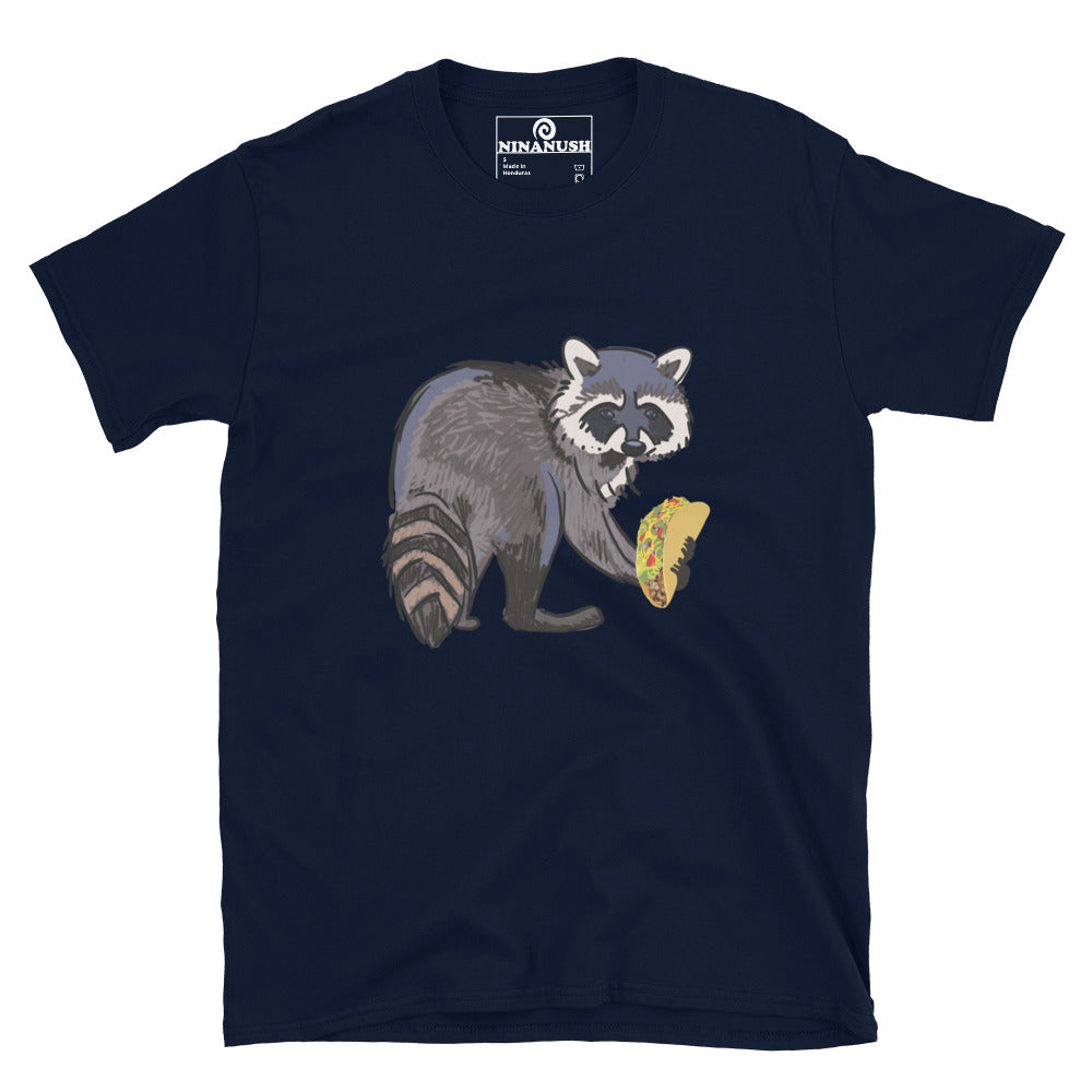 Navy blue funny food shirt with raccoon and taco - This funky raccoon and taco lover t-shirt is colorful, hand drawn and made just for you. It's a classic comfortable t-shirt with a totally unique design of a raccoon eating a taco. Eat tacos in style or give this shirt as a funny raccoon lover gift. Celebrate your favorite foods in our funny food shirts and accessories.