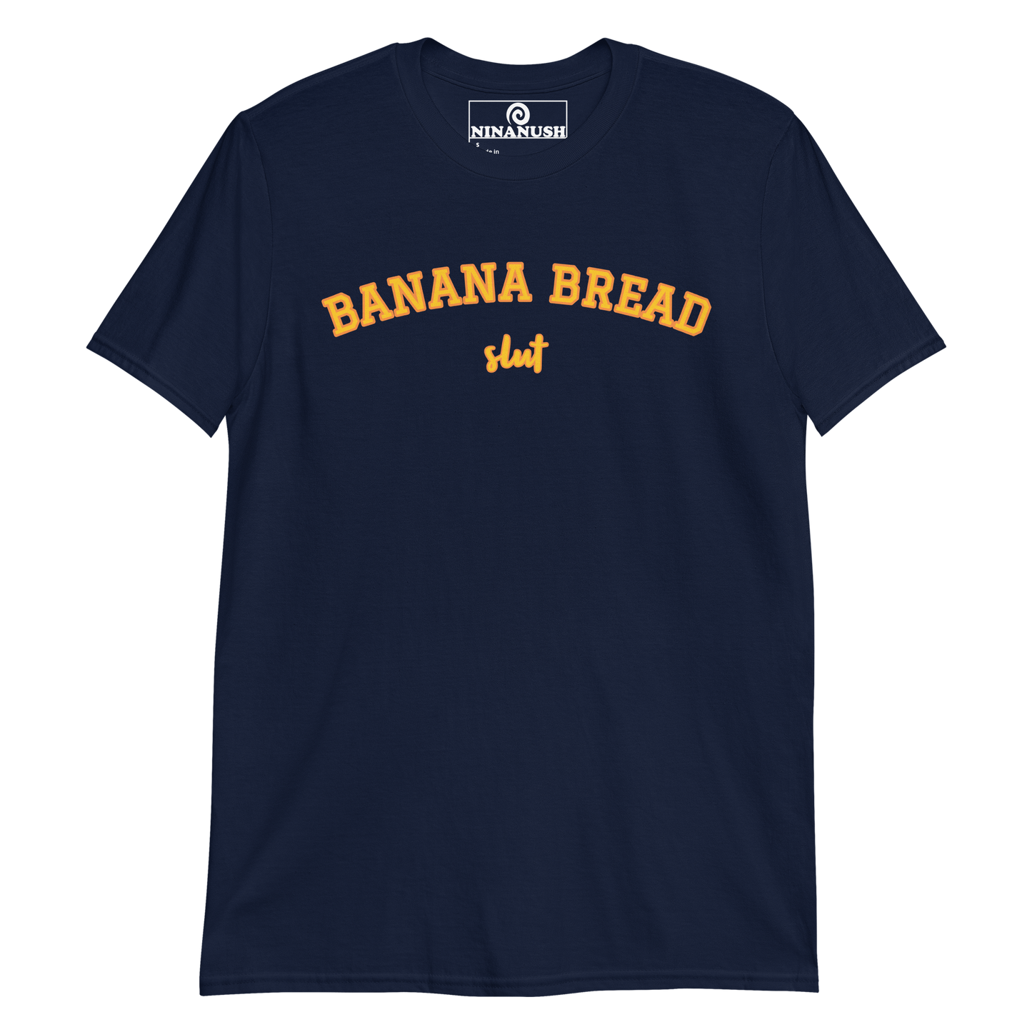 Navy t-shirt for banana bread sluts - Slut for banana bread? This banana bread t-shirt was designed just for you! A classic cotton tee with a funny foodie design. Eat bananas and share your passion for banana bread in our sarcastic foodie shirt for banana bread lovers. The banana bread enthusiast shirt makes a great gift for a crazy banana bread aficionado.