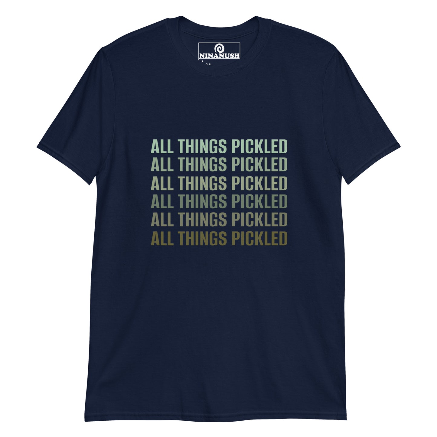 Navy all things pickled lover t-shirt - A classic cotton T-Shirt for passionate pickle enthusiasts with "ALL THINGS PICKLED" printed in shades of pickle green on the front. It's a soft, comfortable pickle lover graphic tee that's designed for foodies and made just for you. This funny food tee makes a funny gift for pickle lovers and unique tee for foodies.