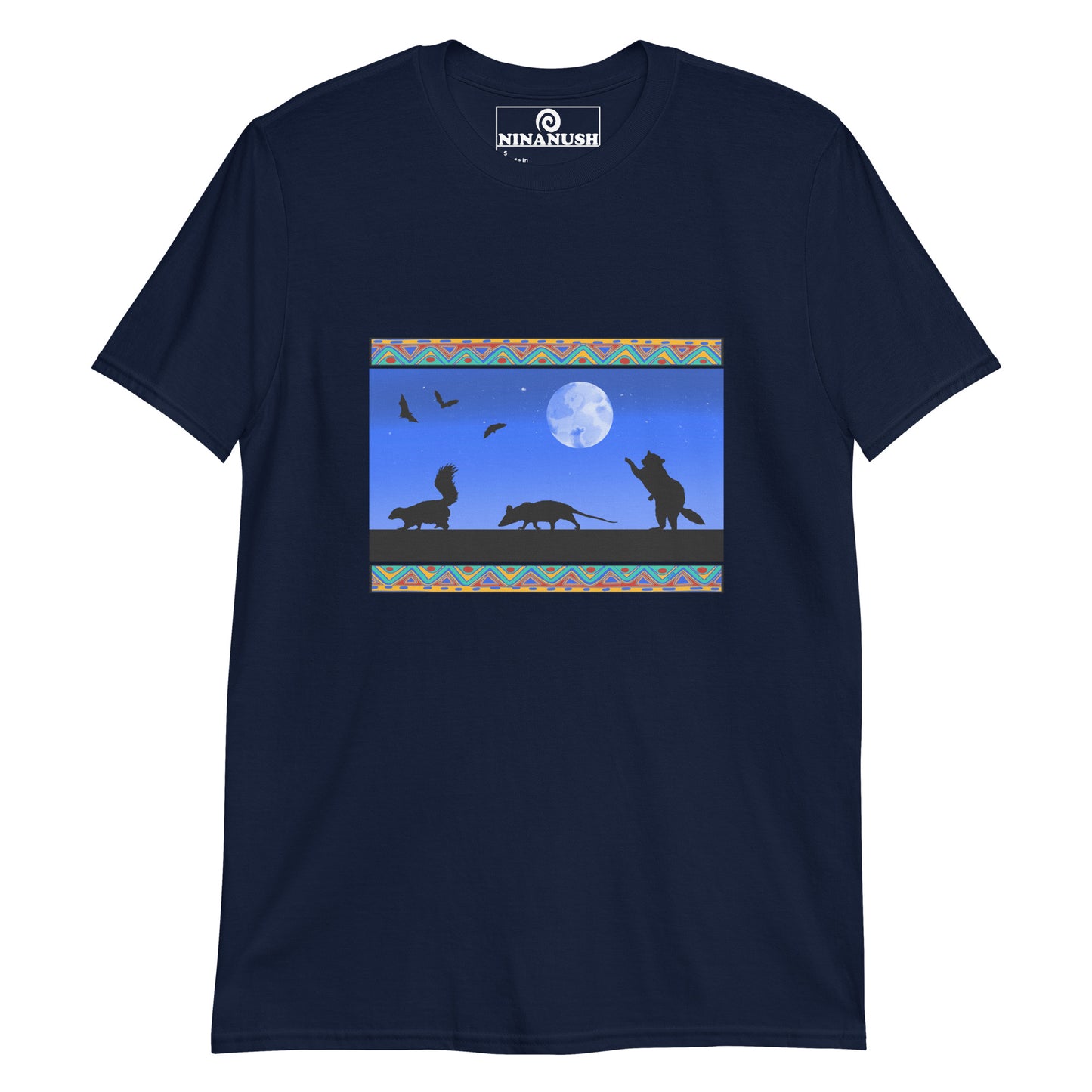 Navy trash cats t-shirt from Nina's Funky Shop by ninanush - A funny graphic tee for animal lovers and quirky shirt enthusiasts of all kinds. It has a unique design of a raccoon, opossum, and skunk with bats flying in the sky. This trash cats shirt is hand drawn by Nina and made just for you. Stand out in this eye catching t-shirt or give it as a funky gift for an animal lover.