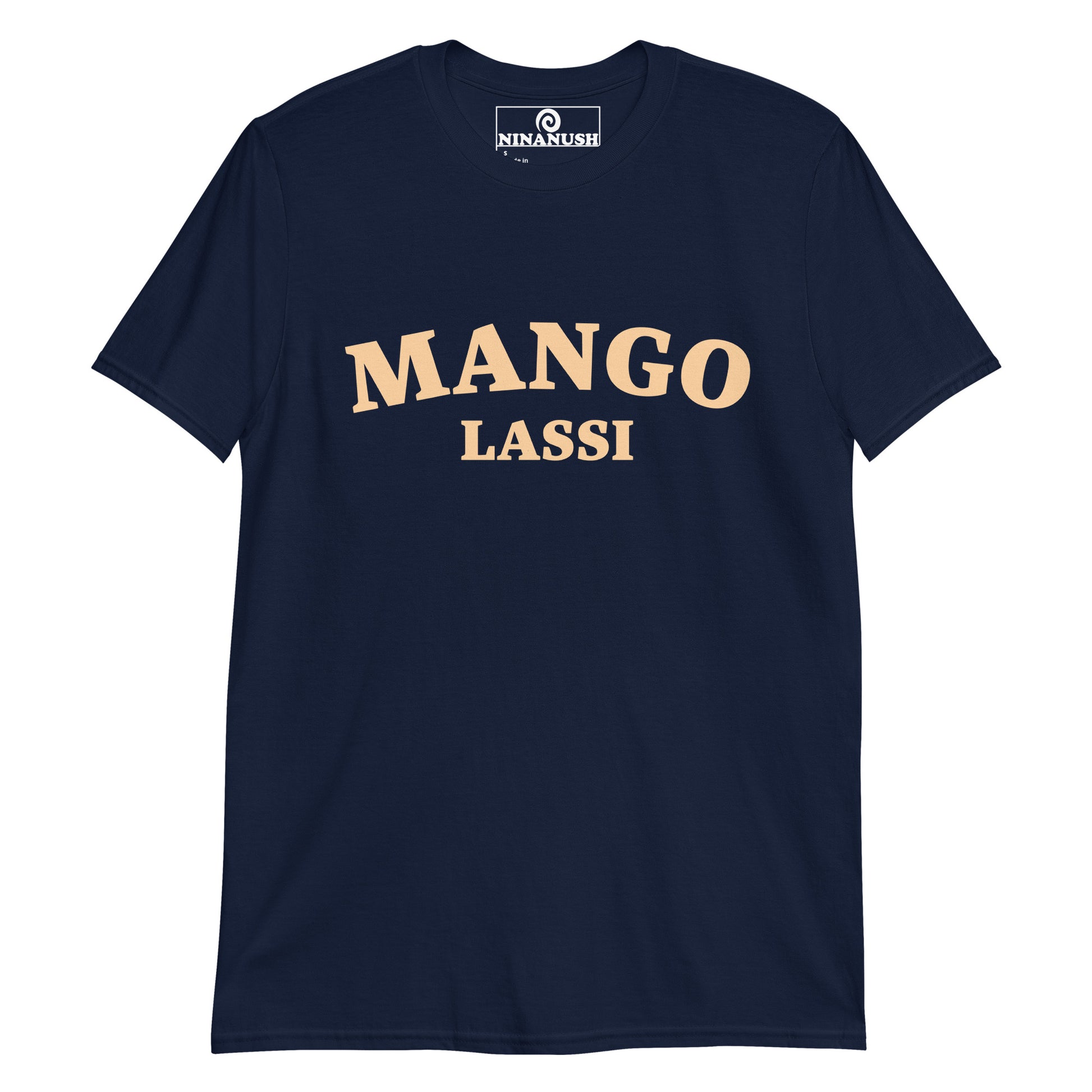 Navy Mango Lassi T-shirt from Nina's Funky Shop by ninanush - Mango Lassi 🔥 Do you love mango lassis? Looking for a unique foodie gift? Look no further! Our Mango Lassi T-shirt is just what you need. It's a college-style, crew neck foodie shirt for Indian food enthusiasts. If you love mago lassi, this funny food shirt was designed just for you. Celebrate your favorite foods and drinks in our funky foodie apparel, designed by Nina and made just for you.
