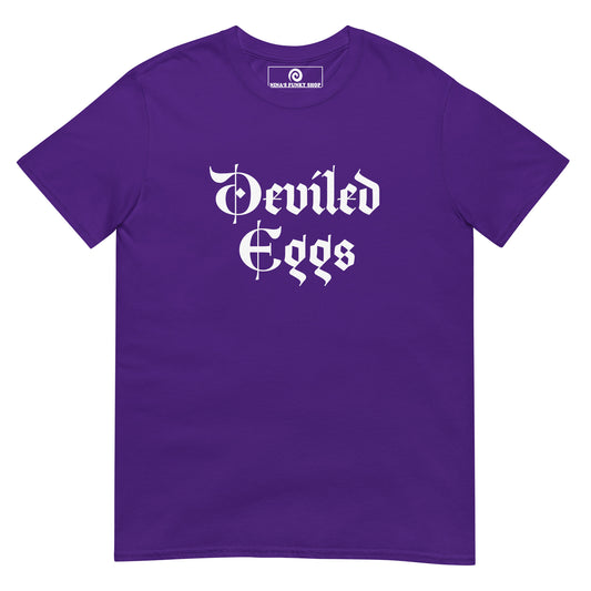 Purple Deviled Eggs T-Shirt - Big fan of Deviled Eggs? Looking for a gift for a foodie? Our Deviled Eggs T-Shirt is soft, comfortable and made just for you. It's a funny t-shirt that comes in a variety of colors with "deviled eggs", expertly printed on the front.