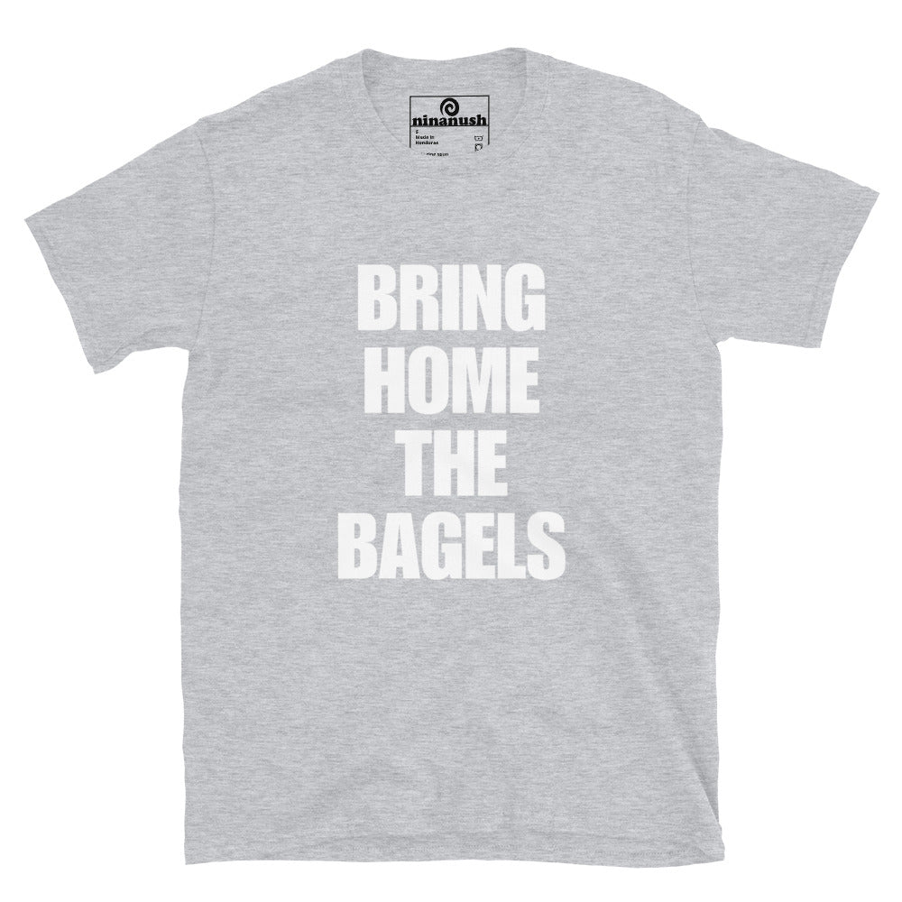 Light gray shirt with unique bagel saying - Bring home the bagels! Make a statement and eat bagels in style in this funny foodie t-shirt for bagel lovers. It's soft, comfortable and made just for you to show off your love of bagels. It's a unique t-shirt with a funny bagel saying. The perfect funny t-shirt for foodies of all kinds or a gift for bagel lovers.