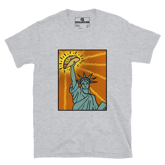 Gray taco nyc t-shirt - A funny taco t-shirt with the Statue of Liberty holding a taco. This weird NYC shirt for taco lovers and foodies, showcases your love for tacos and the Big Apple. With its colorful, funky, hand-drawn design, this unique streetwear tee stands out. Make a statement, look good, and eat tacos with this eye-catching foodie shirt.