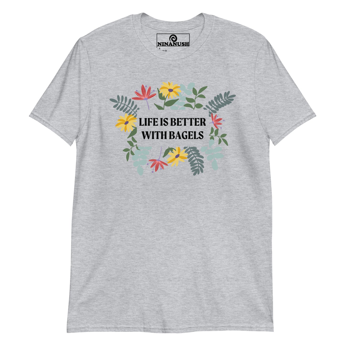 Gray t-shirt with funny bagel design - Life is better with bagels. This unique bagel lover tee has a flower design and bagel saying printed on a classic cotton tee. It's a funny, eye catching foodie shirt, designed for bagel enthusiasts, and made just for you. A T-shirt for bagel enthusiasts, this weird food shirt is sure to stand out and make a statement.