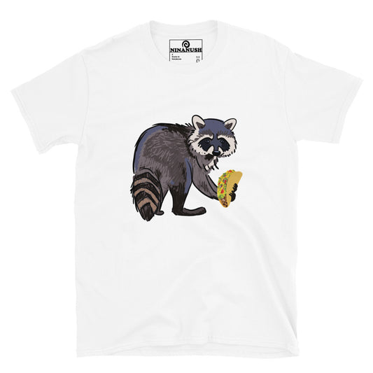 White shirt with raccoon eating a taco -  This funky raccoon and taco lover t-shirt is colorful, hand drawn and made just for you. It's a classic comfortable t-shirt with a totally unique design of a raccoon eating a taco. Eat tacos in style or give this shirt as a funny raccoon lover gift. Celebrate your favorite foods in our funny food shirts and accessories.