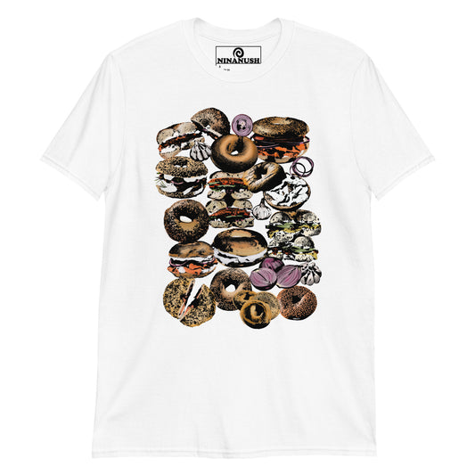 White bagel t-shirt from Nina's Funky Shop by ninanush - Are you a bagel enthusiast? Looking for a bagel lover gift? This funky and colorful bagel shirt features bagels, garlic and onions together in the ultimate bagel lover shirt design. Stand out and eat bagels in this funky everything bagel shirt. It's a funny foodie t-shirt for bagel addicts and foodies of all kinds.