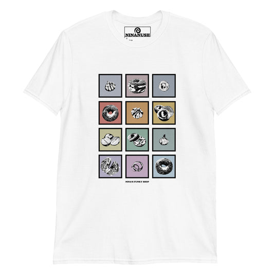 White Funky Bagel T-shirt from Nina's Funky Shop by ninanush - Bagel enthusiast? Looking for a gift for bagel lovers? This funky bagel shirt is just for you. It features black and white bagels, garlic and onions in colorful boxes on a soft and comfortable cotton tee. Stand out and eat your favorite bagels in this funny foodie t-shirt for bagel addicts and foodies of all kinds.