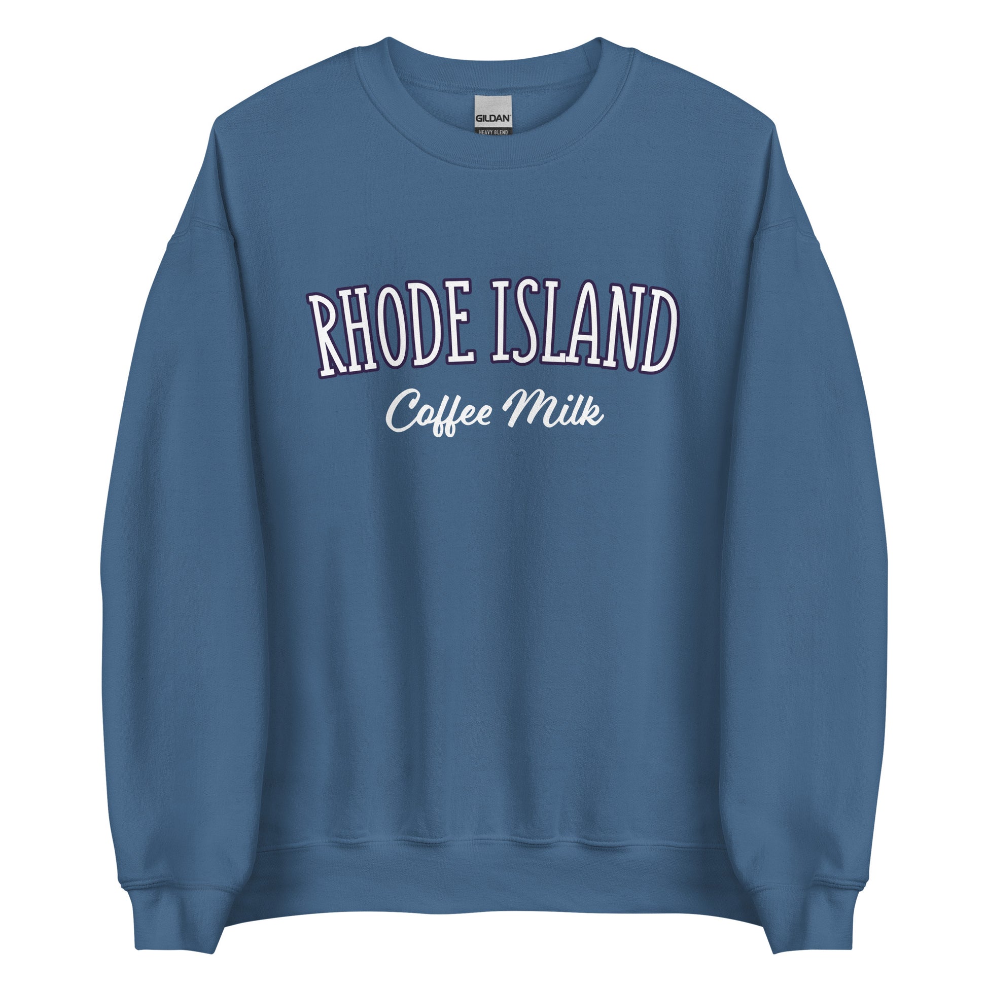 Indogo Blue Rhode Island Coffee Milk Sweatshirt from Nina's Funky Shop by ninanush - Love coffee milk? Looking for a fun Rhode Island Gift? Introducing our Rhode Island Coffee Milk Sweatshirt! It's a fun sweatshirt for coffee milk lovers with the words "Rhode Island Coffee Milk" on the front. The perfect Rhode Island sweatshirt for cozy nights in or stand out streetwear for New England foodies.